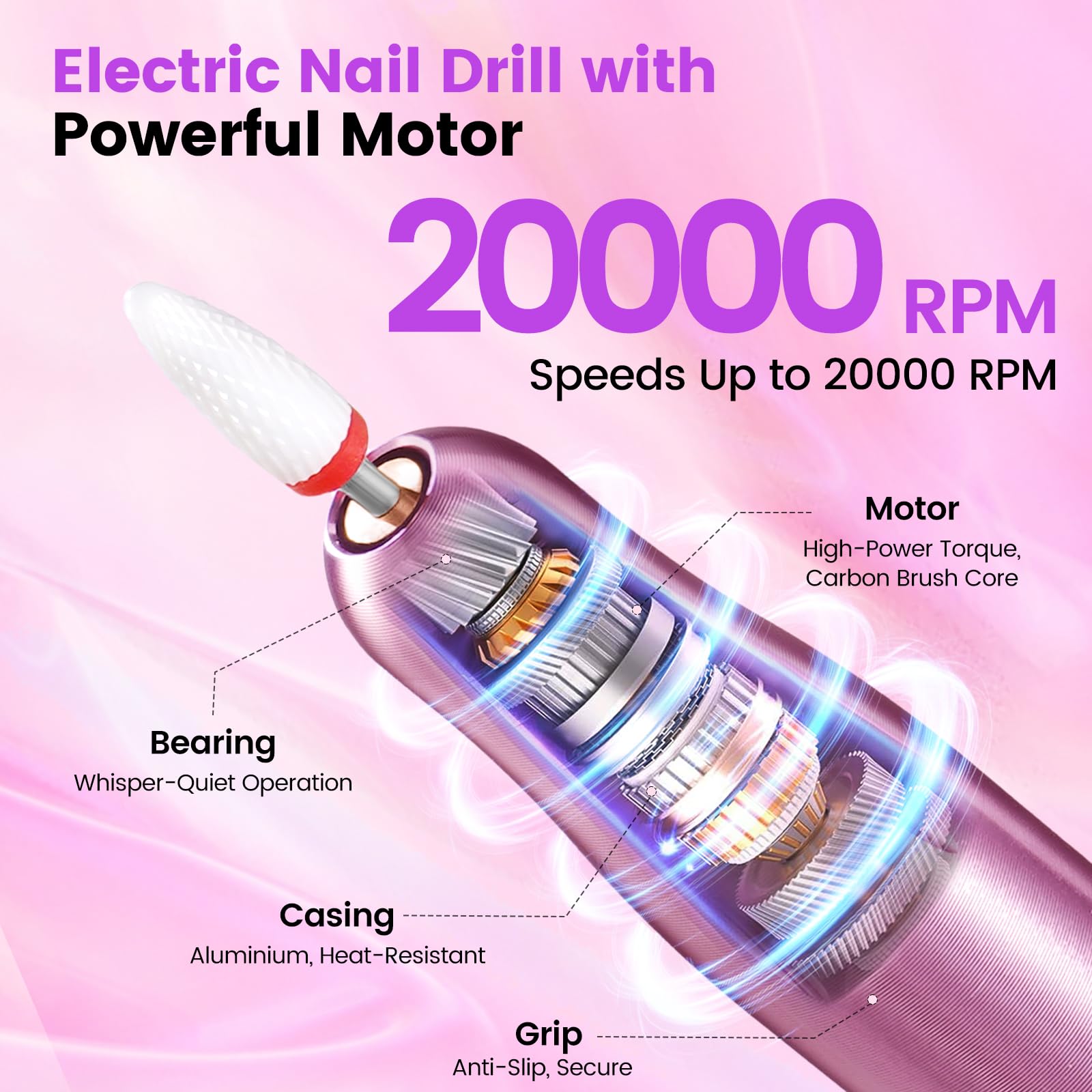 Kit de taladro de uñas con colector de polvo: lima eléctrica de uñas profesional de 20000 RPM con USB para eliminación de gel acrílico, herramienta de manicura y pedicura en bolsa de cosméticos para