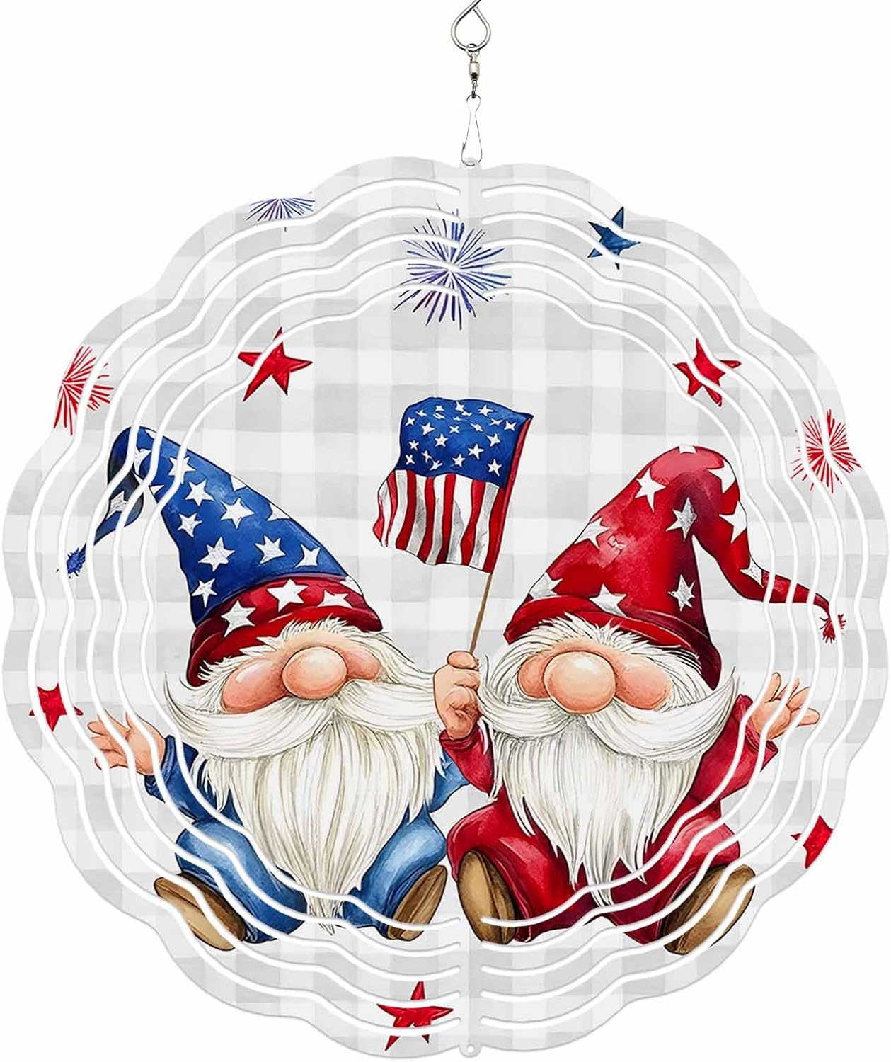 4th of July Patriotic Gnome Stars Wind Spinner for Garden Yard 3D Stainless Steel Hanging Wind Spinners, White Grey Buffalo Plaid Spinners Outdoor Metal Decor for Lawn Patio Home