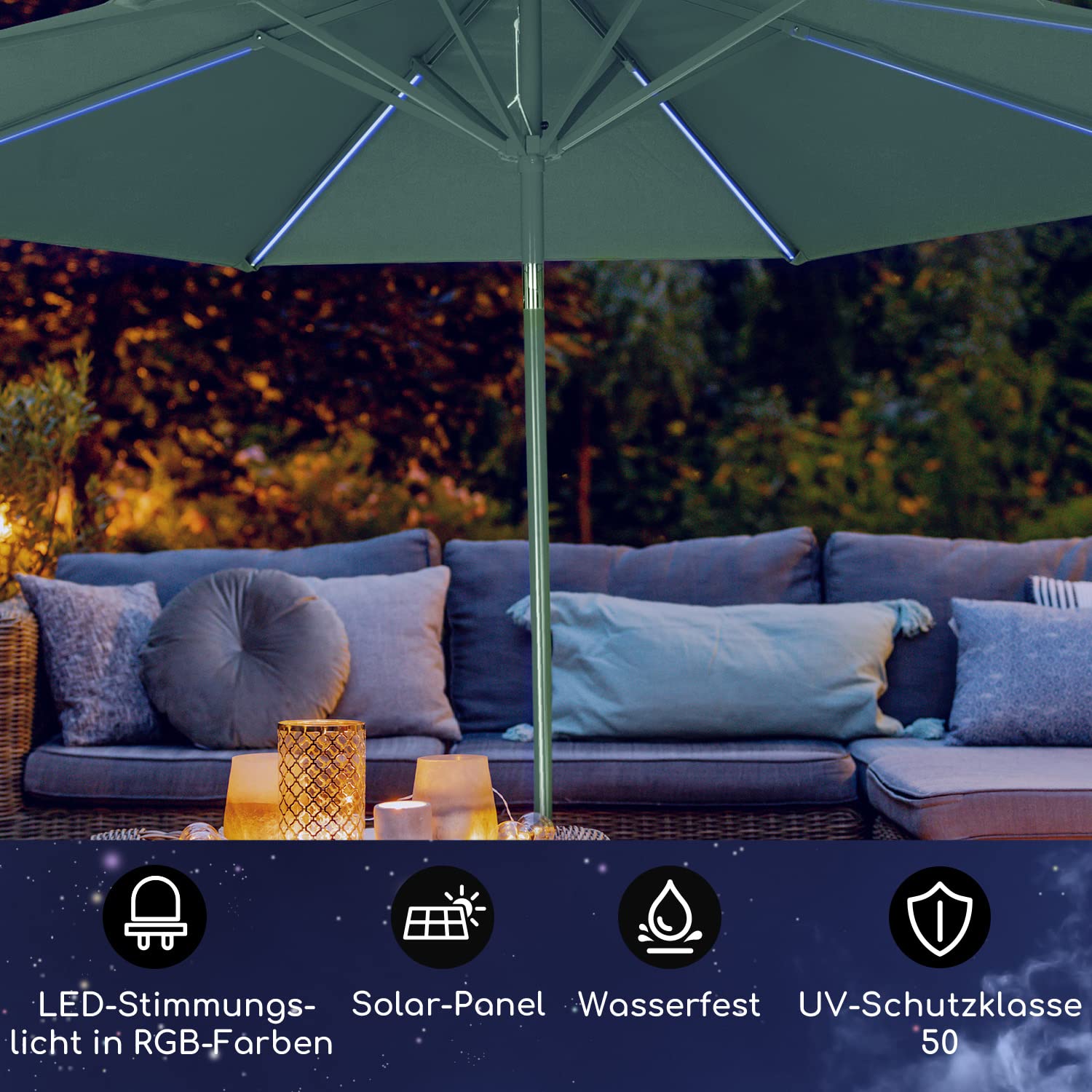 blumfeldt Calais Sonnenschirm, 300 cm x 265 cm höhenverstellbarer und faltbarer Gartenschirm mit Solar-LED-Beleuchtung und UV-Schutz Wasserdichter Sonnenschutz für Balkon, Terrasse und Gartenschirm