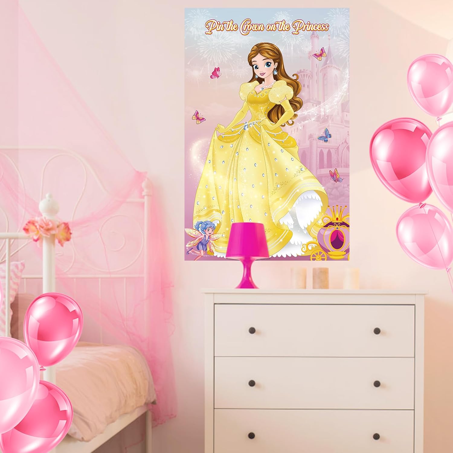 Pin The Crown on The Princess Party Games for Girls Princess Birthday Party with 24 Pcs Crowns, Large Princess Poster for Kids Girls Princess Birthday Party Princess Tea Party Decorations