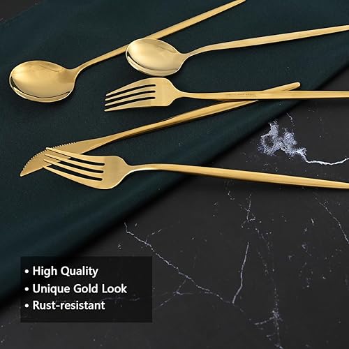 Miniatura 5 de Juego de cubiertos dorados de 20 piezas para 4, juego de cubiertos de acero inoxidable dorado titanio para el hogar y restaurante, utensilios