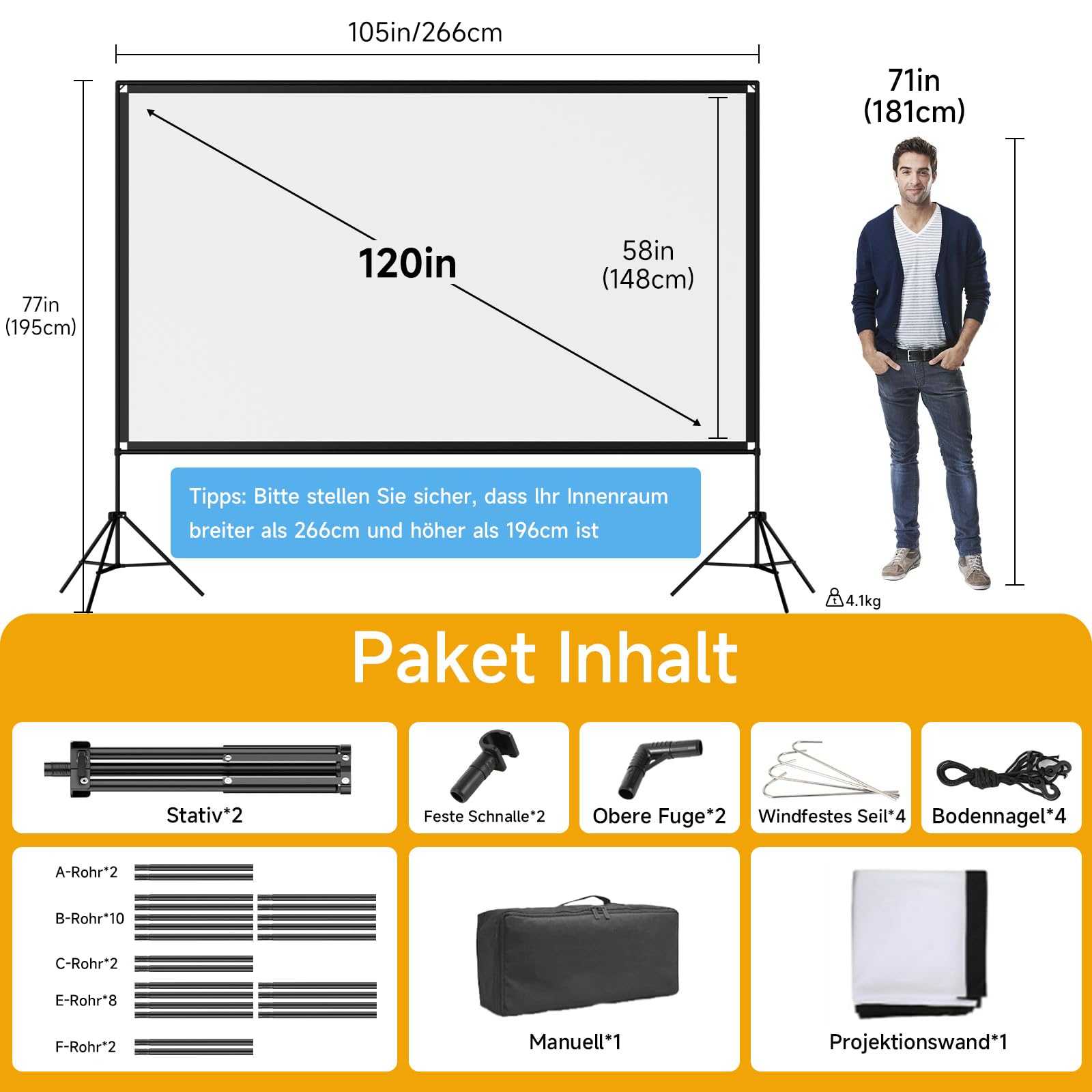 VISULAPEX 120” Beamer Leinwand mit Stativ, 16:9 4K HD Projektor Leinwand Tragbar, Faltbare leinwand Beamer mit Tragetasch für Heimkino Gartenkino Theater Nächte