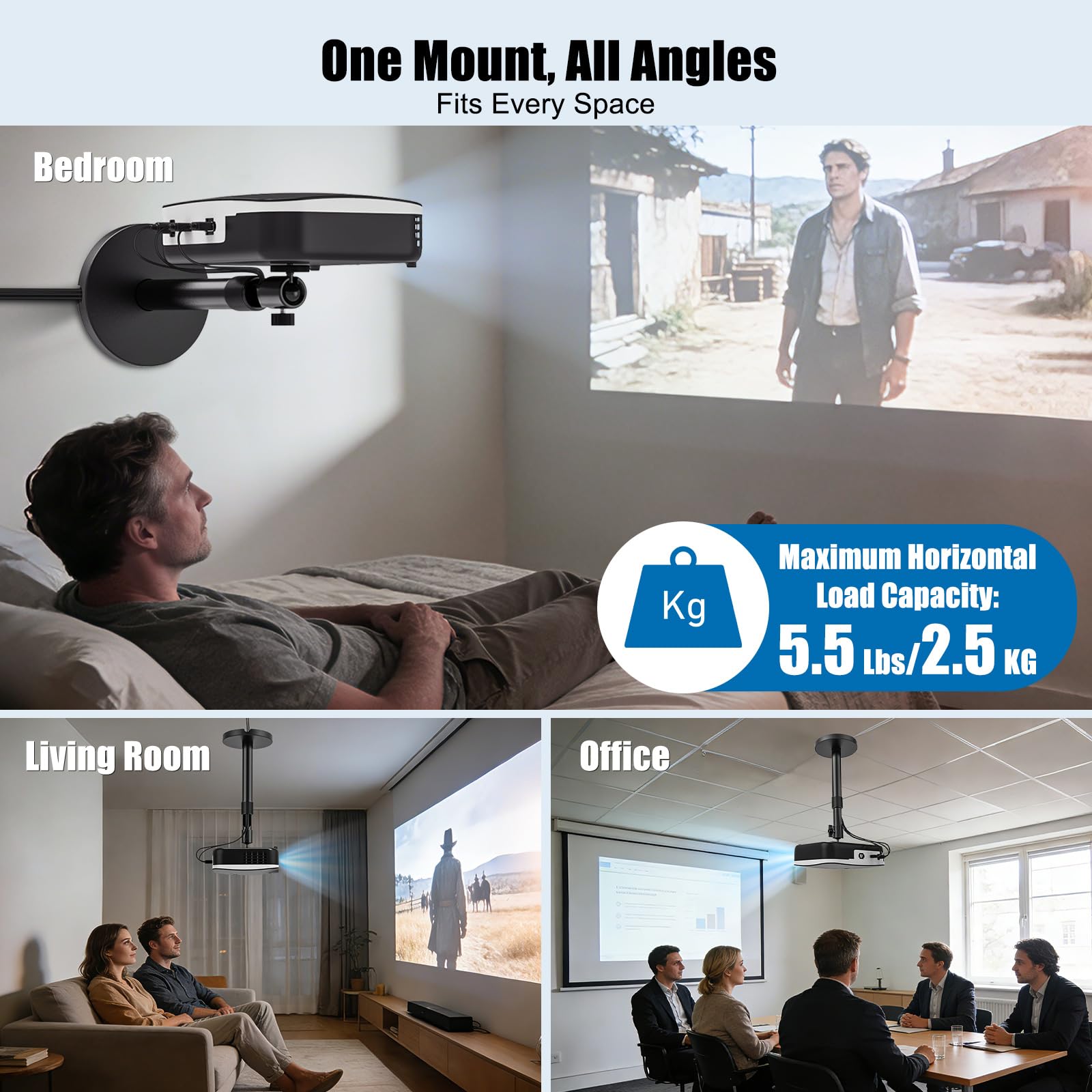Beamer Ständer, Verstellbare Projektor Decken und Wand Halterung mit 1/4" Gewinde, 27,5-38 cm Verlängerungsstange Beamer Halterung für Heimkino, Spielzimmer, Büro