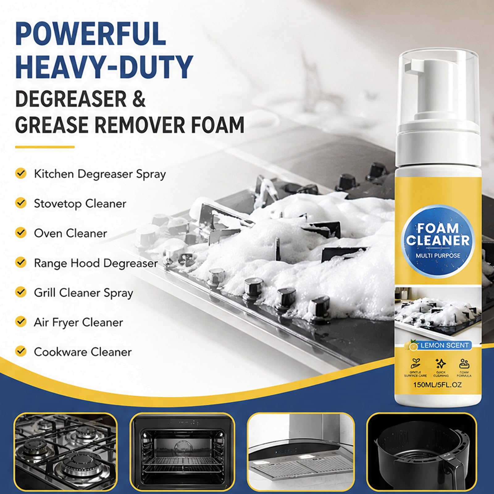 Aroma de limón Spray de espuma limpiadora multiusos sin enjuague para trabajo pesado - Potente desengrasante de cocina, limpiadores domésticos para todo uso, (5 piezas)