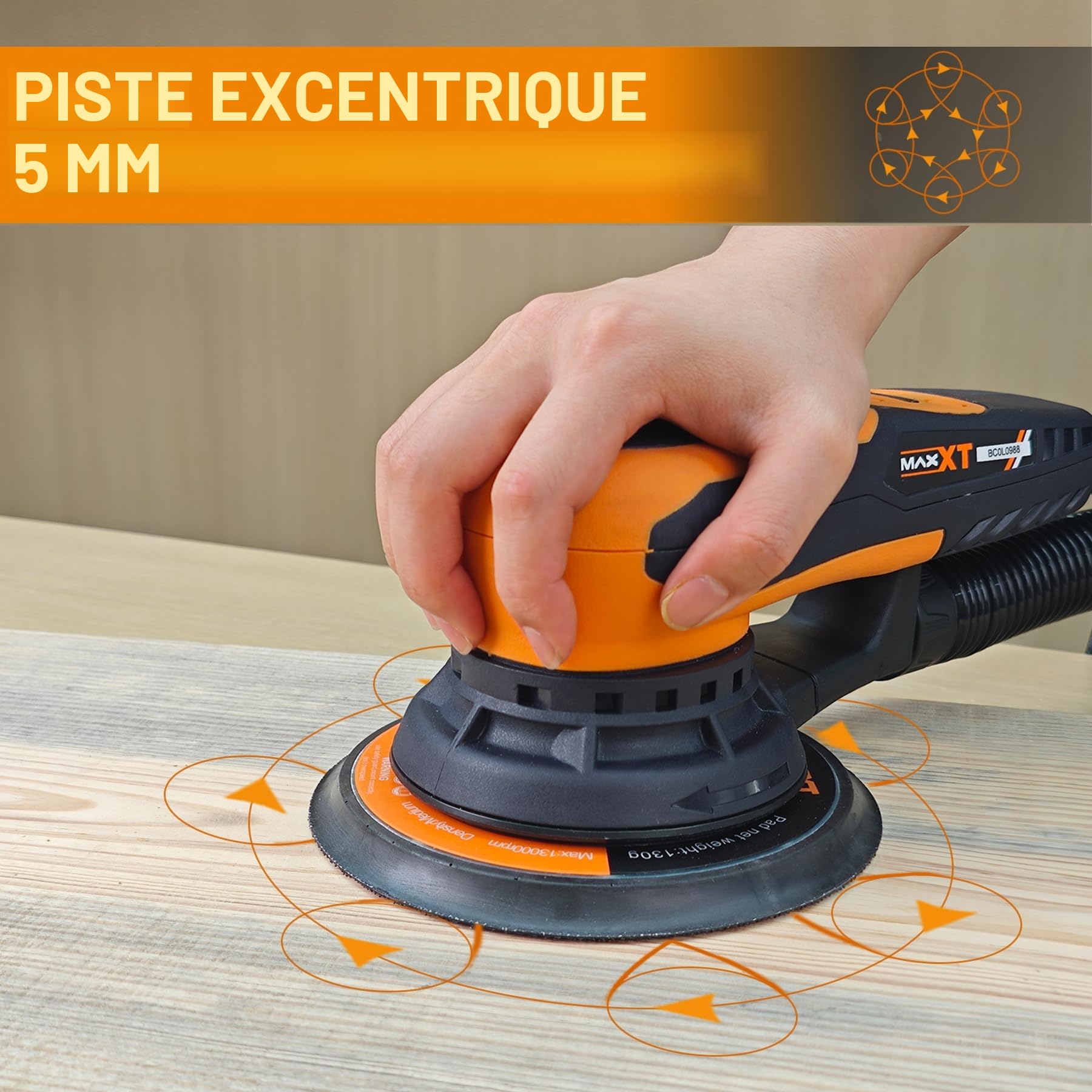 MAXXT Ponceuse electrique sans balais de 150 mm, Ponceuse orbitale 5,0mm, Frein automatique-2s, 6 vitesses réglables et 10 feuilles de papier de verre incluses, Câble de 5M