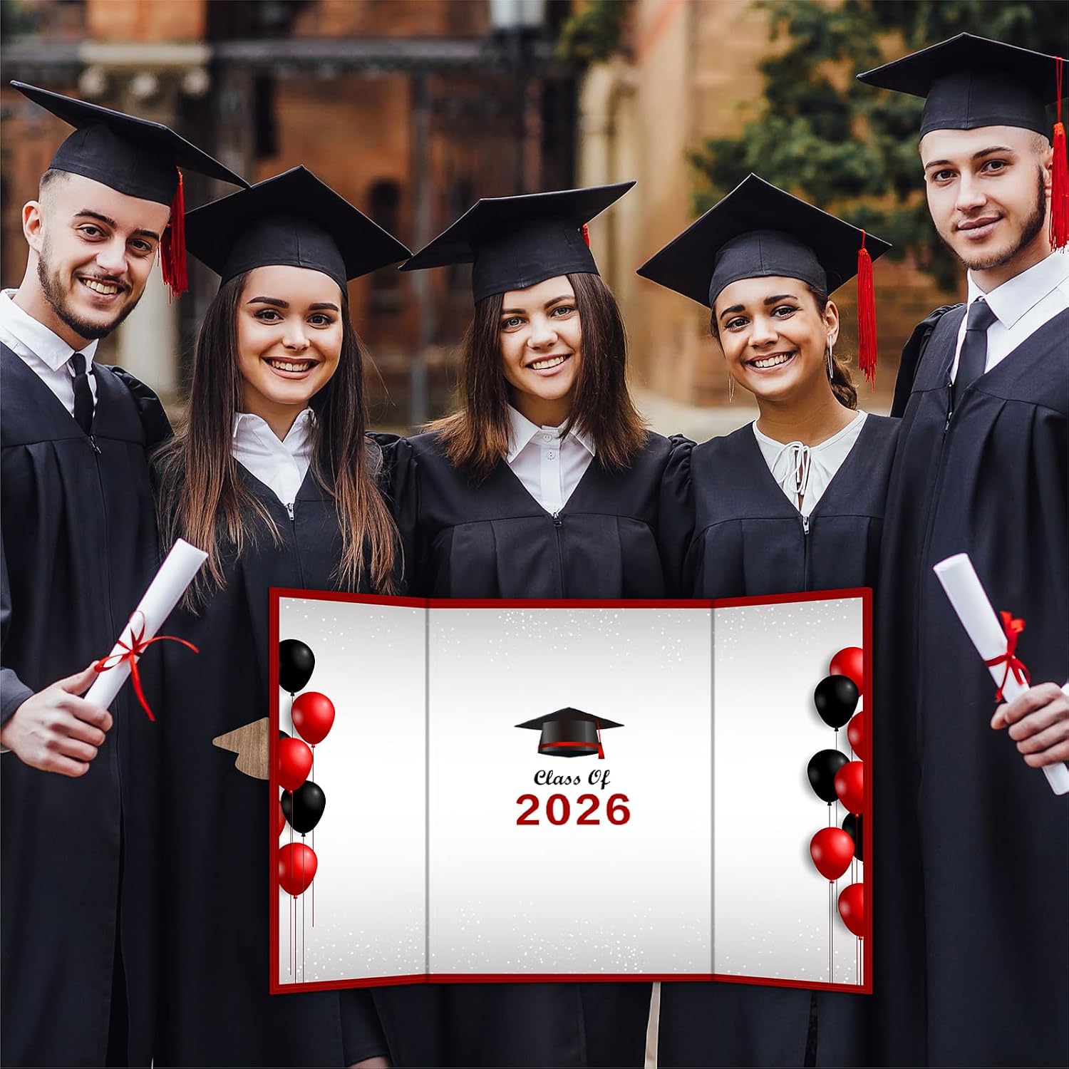18"X12" Graduation Signature Board - Red & Black Balloons - Class Of 2026 Grad Guest Book Alternative For College & High School Students, Congrats Graduate Gift, Party Favors & Decors(Red) - A09
