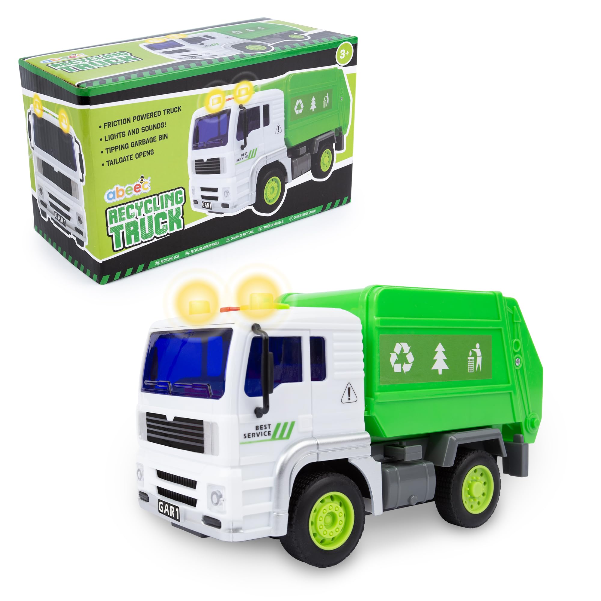 abeec Recycling Truck Toy for Kids | Friction Powered Vehicle with Lights & Sounds | Tipping Bin & Opening Tailgate | Toddler Construction Play Truck | Age 3+
