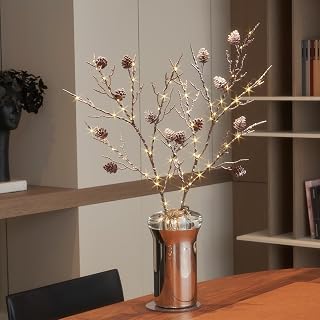 Fudios Lighted Branches with Pinecone 32in Artificial Snowed Willow Branch with Timer for Winter Christmas