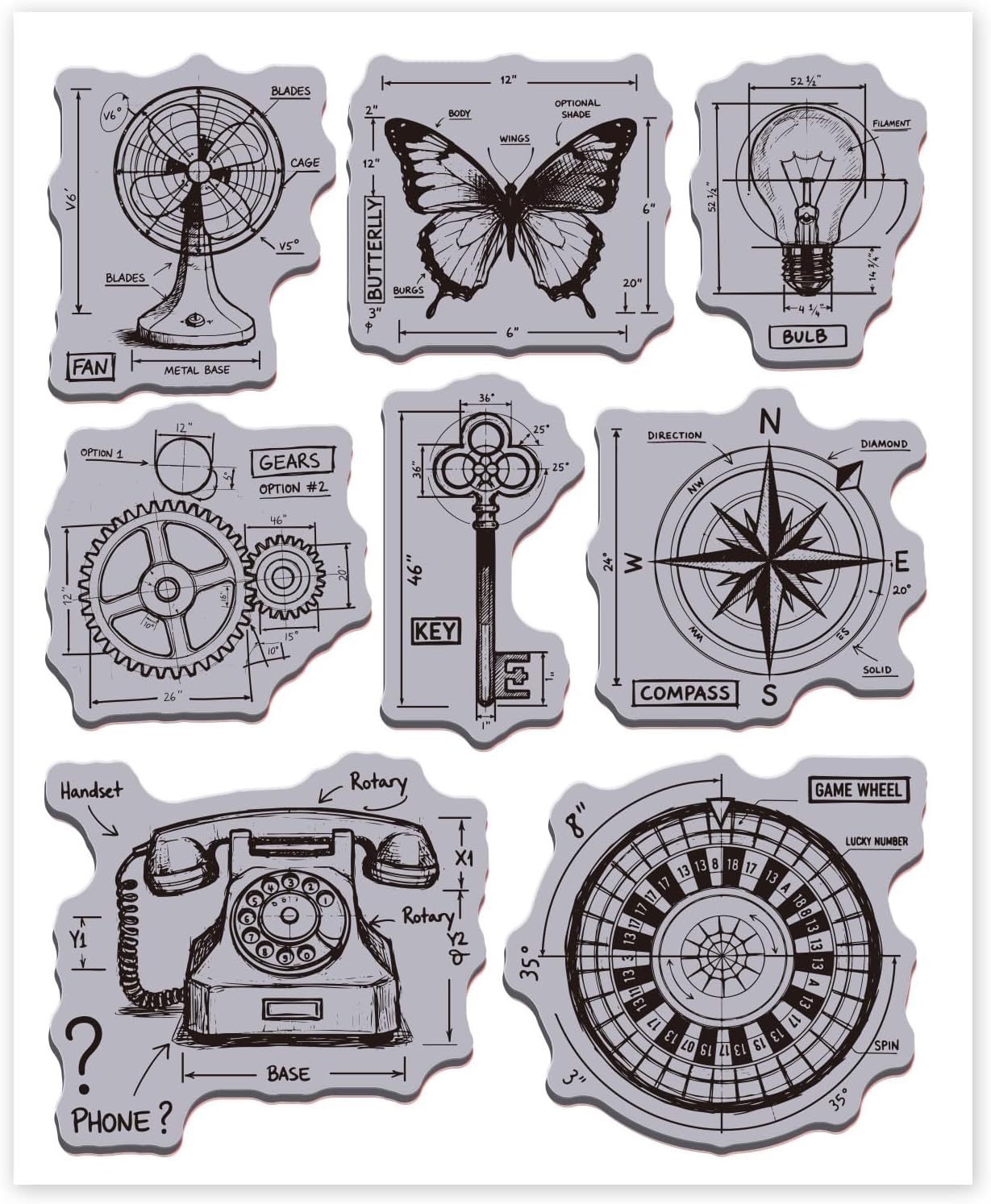 GLOBLELAND Mini Blueprint Light Cling Rubber Stamp 22x18cm Bulb Compass EVA Cling Mount Stamps Butterfly Key Rubber Stamps Set for Card Making Photo Album Decor Decoration DIY Scrapbooking