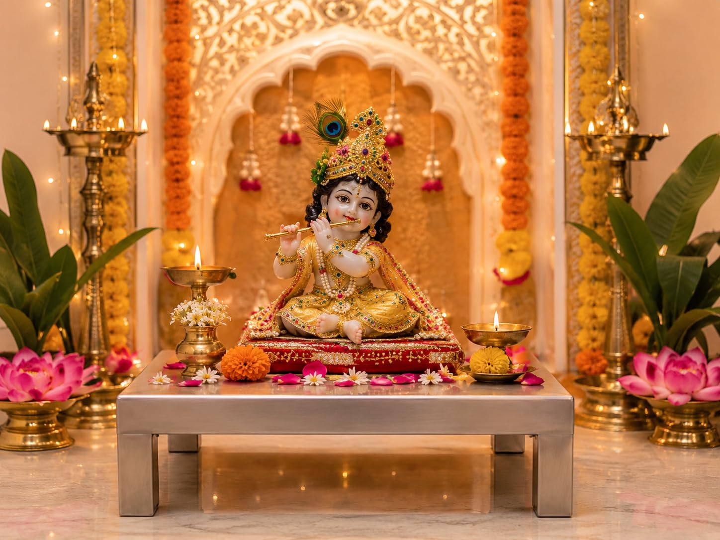 Premium Stainless Steel Puja Chowki 12x12x4 Inch Mandir Stand for Home Temple & God Idol