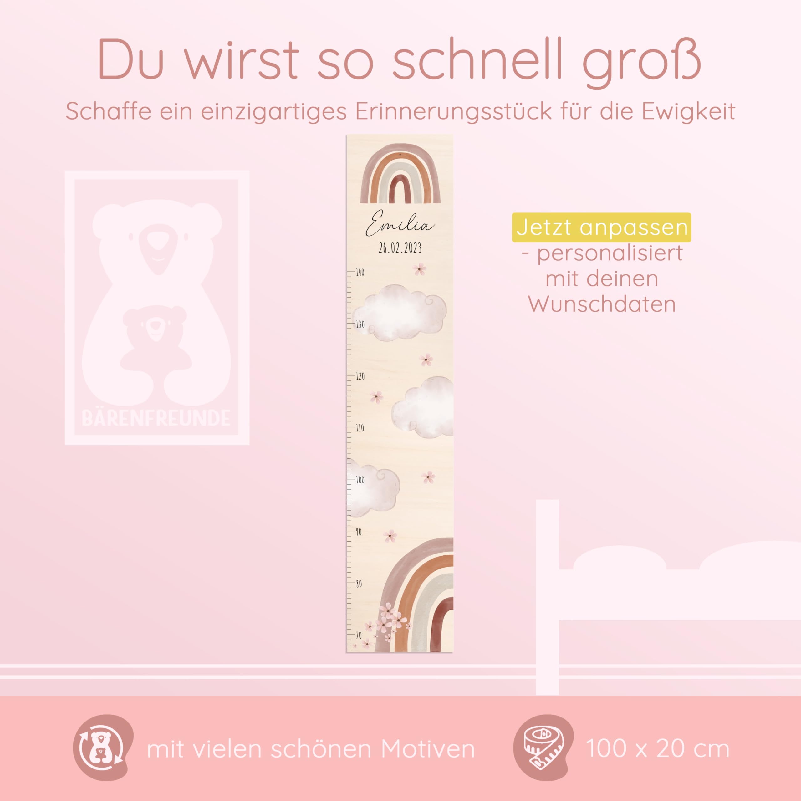 Bärenfreunde® - Personalisierte Messlatte Kind Holz zum Kleben oder Aufhängen - Skala 70-140cm - Süße Dekoration für Baby- & Kleinkinderzimmer (Kinder 70-140cm, Regenbogen rosa)