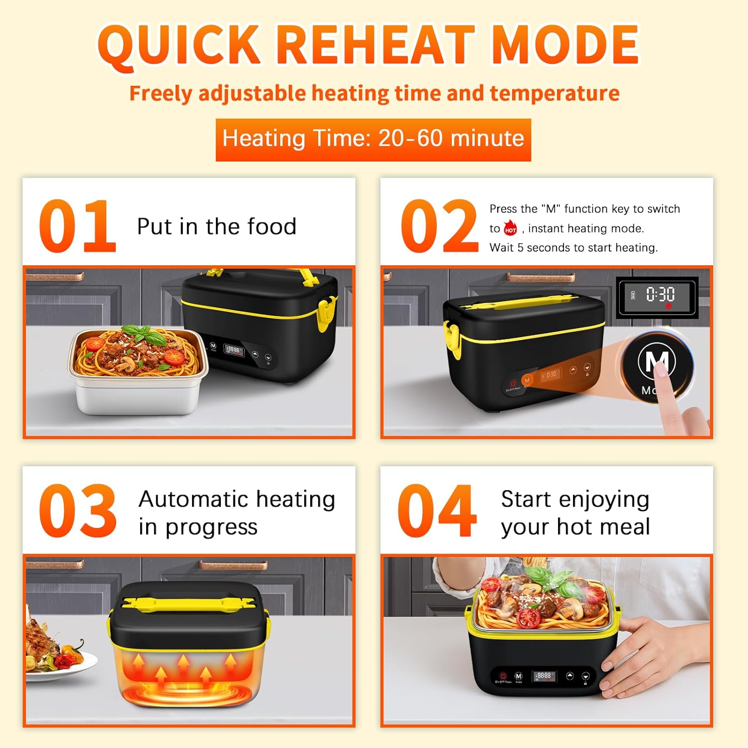 Cordless Electric Lunch Box,24000mAh Heated Lunch Box Battery Powered with Automatic Heating, 5Cups Portable Food Warmer,Multi-Mode Automatic Heating with an Insulated Bag and Utensils (Black) - Image 3