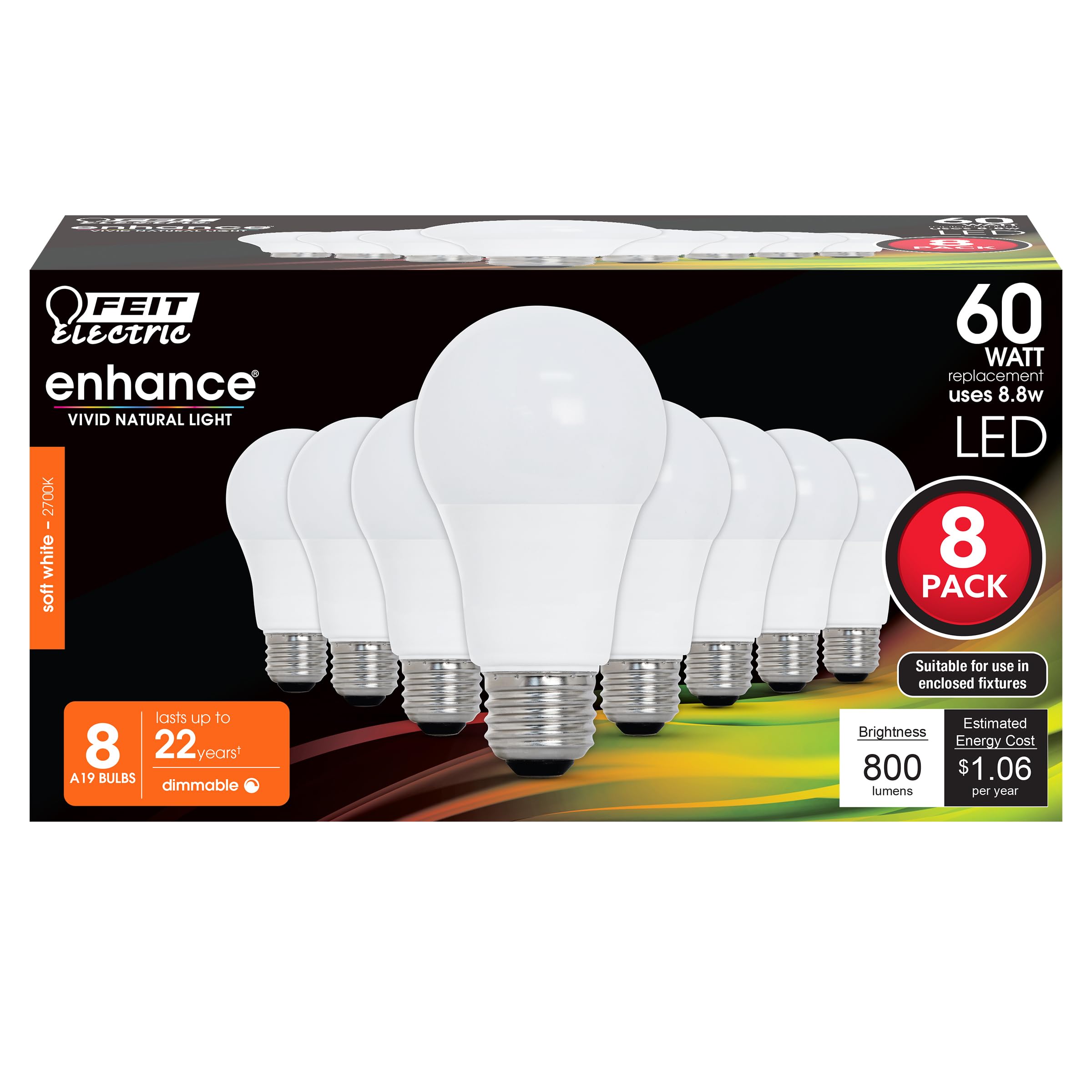 Feit Electric A19 LED Light Bulbs, 60W Equivalent, Dimmable, E26 Standard Base, 90 CRI, 800 Lumens, 2700K Soft White, 120V, 22 Years Lifetime, Damp Rated, 8 Pack, OM60DM/927CA/8