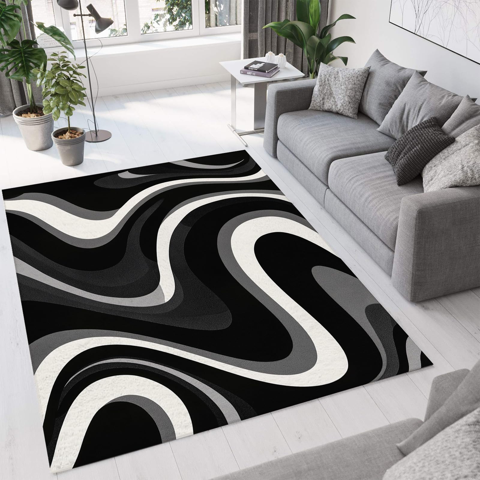 Tapis à poils courts noir de carbone au design abstrait premium de 160x230cm