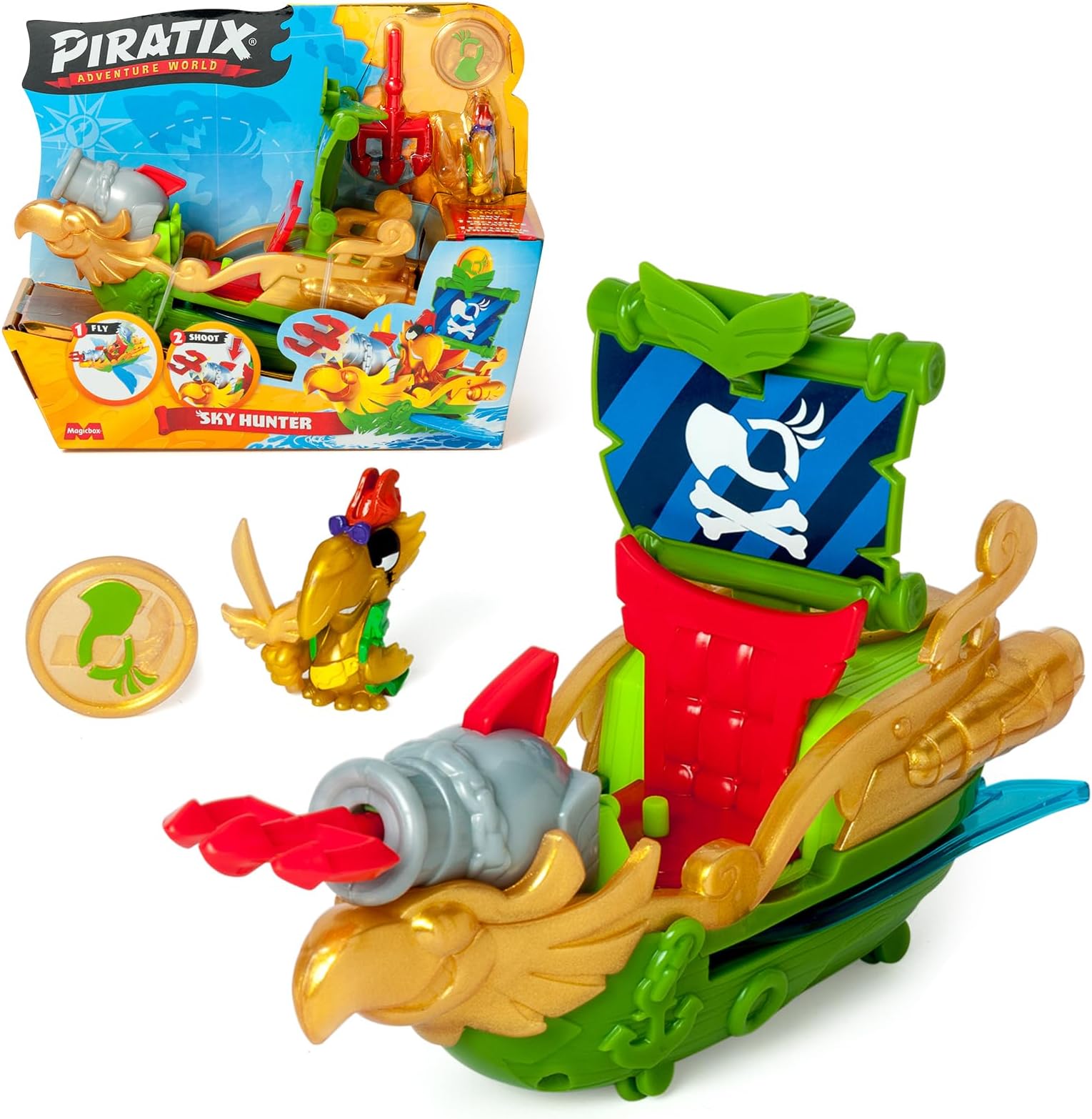 PIRATIX, ADVENTURE WORLD Sky Hunter - Pirate Ship, in the shape of a parrot, includes 1 pirate ship, 1 Piratix, 1 treasure, 1 accessory, 1 cannon and 1 projectile