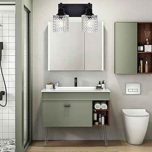 Miniatura 5 de Lámparas de baño negras 4 luces con vidrio martillado, luz de tocador de casa de campo, color negro mate, luz de tocador de baño, iluminación