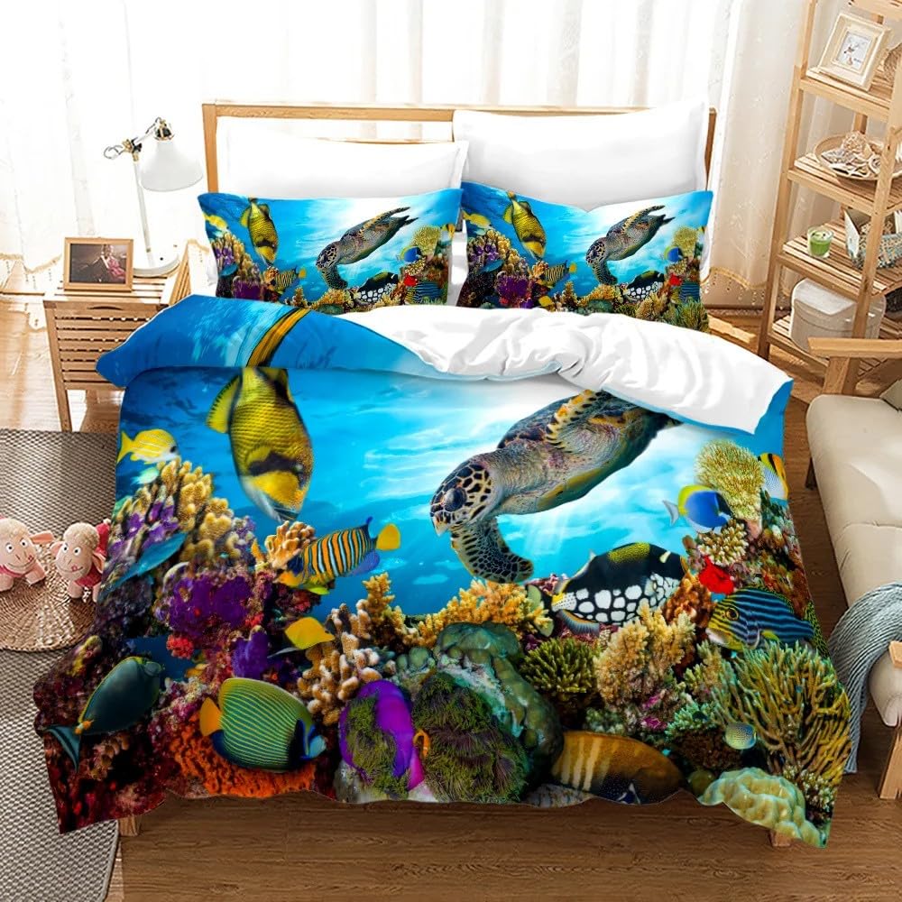 Housse de couette 200x200 tortue marine et poisson en microfibre avec 2 taies d'oreiller