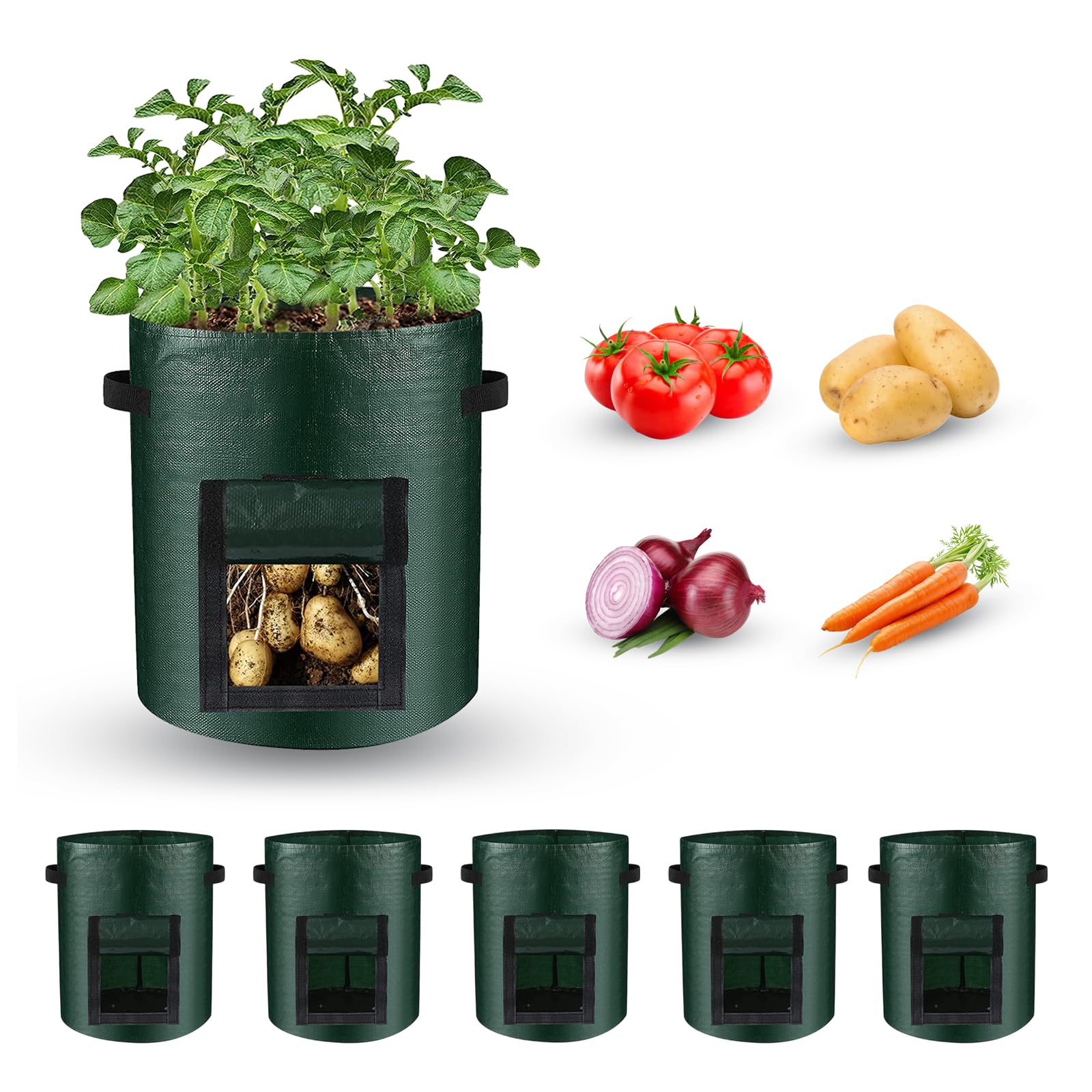 Cskunxia 7 Gallon Potato Grow Bag, 5 Pack Potato Planting Bag, Vegetable Grow Bags with Handles, Garden Planter Pots with Harvest Window for Potatoes, Carrots, Tomatoes with Tools
