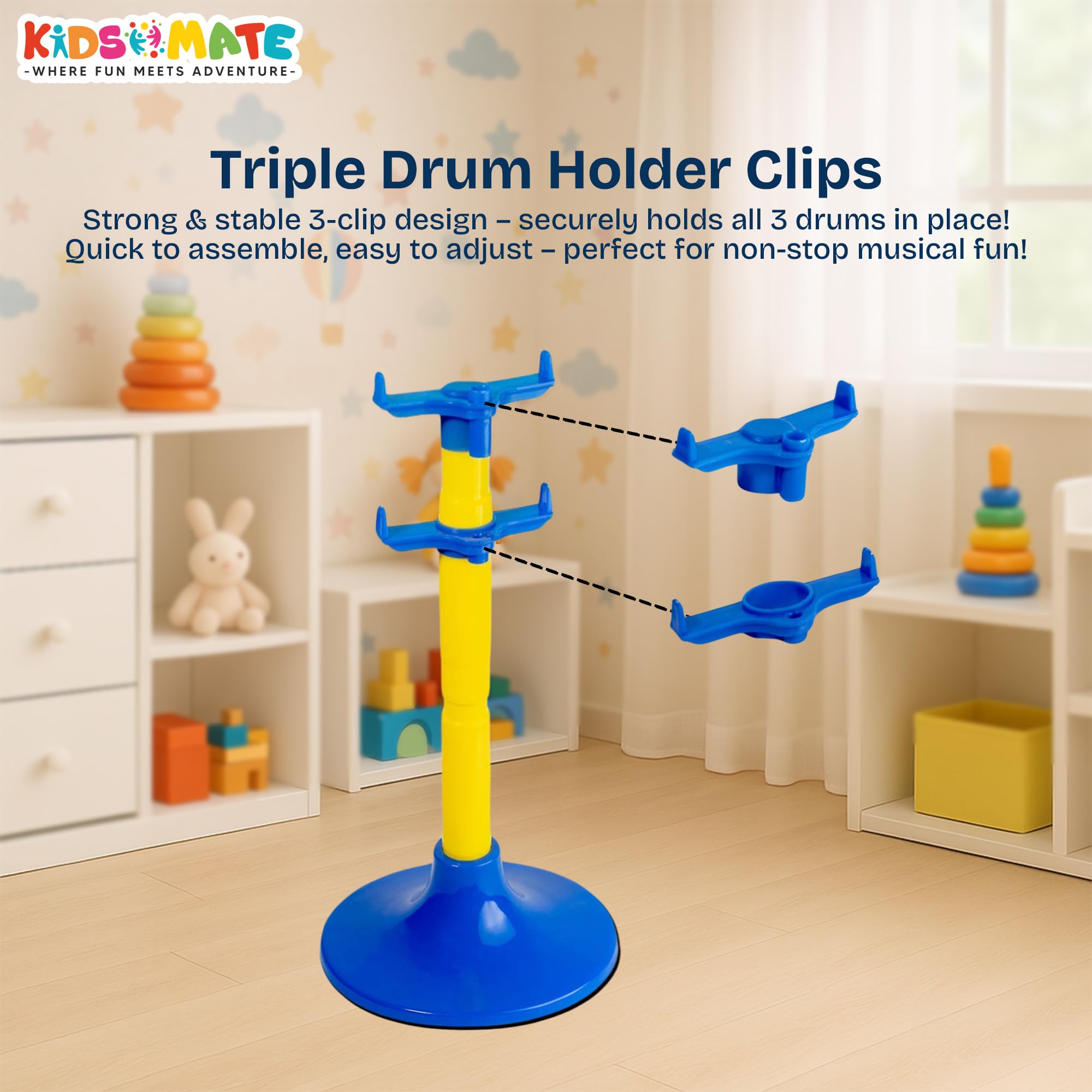 Kidsmate Lil’ Beats Drum Set for Kids | Musical Toy Set with 3 Drums, 1 Cymbal, Drumsticks & Stool | Durable Plastic Learning Toy Music Instrument for Boys & Girls for 3 Years & Above - Multicolor - Image 5 thumbnail