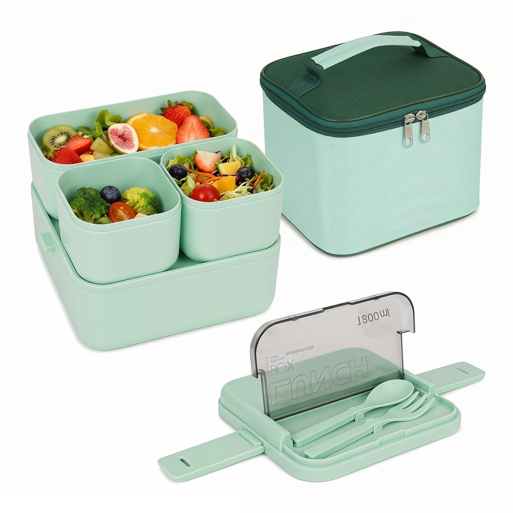 Lunch Box, 1800ML Bento Lunch Box with Insulated Bag & Cutlery(Green) — image 1