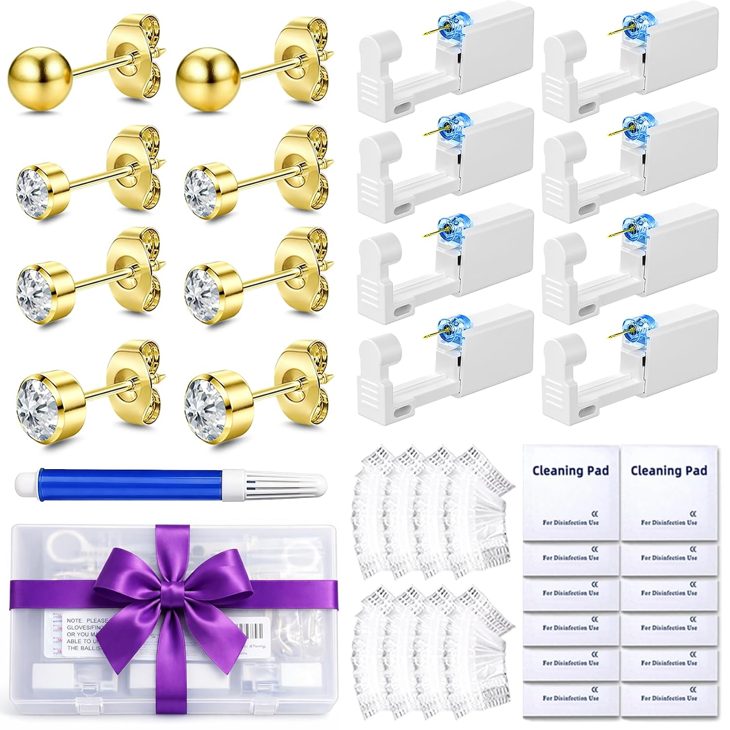 30PCS Disposable Ear Piercing Kit Self Piercing Gun Set with Hypoallergenic 316L Stainless Steel Studs, Cleaning Pads, Ear Covers, Marker Painless Ear Cartilage Piercer Tool Gift Box Gold Plated
