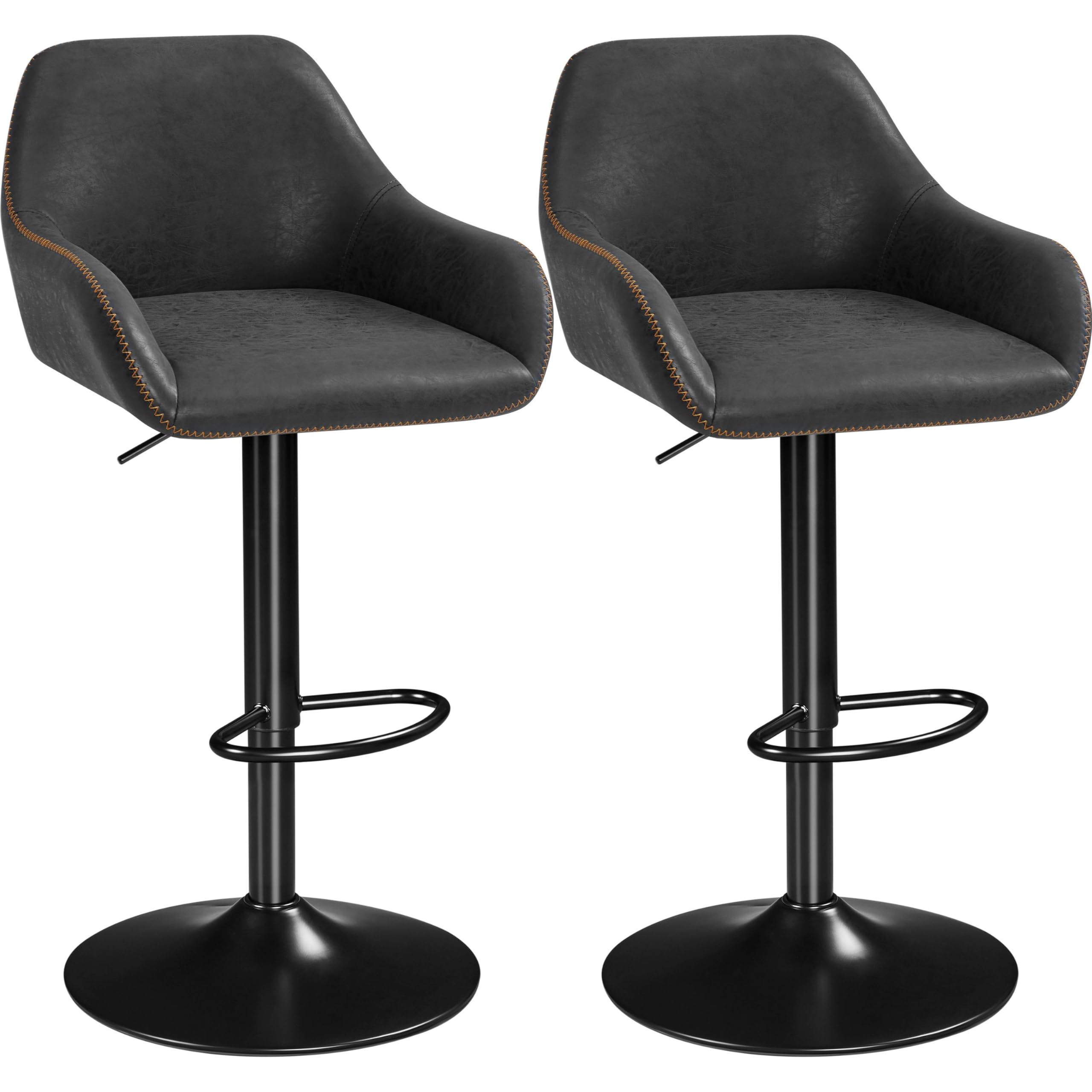 Yaheetech Bar Stools Set of 2, Height Adjustable Swivel Breakfast Barstools, PU Leather Upholstered Bar Chair with Backrest, Armrests and Footrest for Home Kitchen, Black