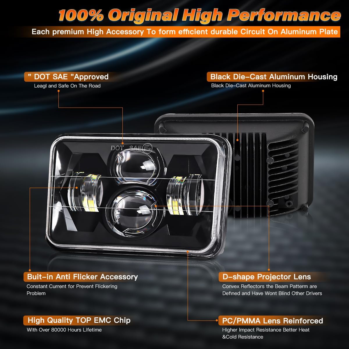 4x6 In H6545 LED Headlights DOT Approved 4PCS White High Low Beam Rectangle H4668 H4656 H4651 H4652 H4666 H4642 Headlight for Chevrolet Ford Probe Kenworth T800 W900 Peterbilt Oldsmobile