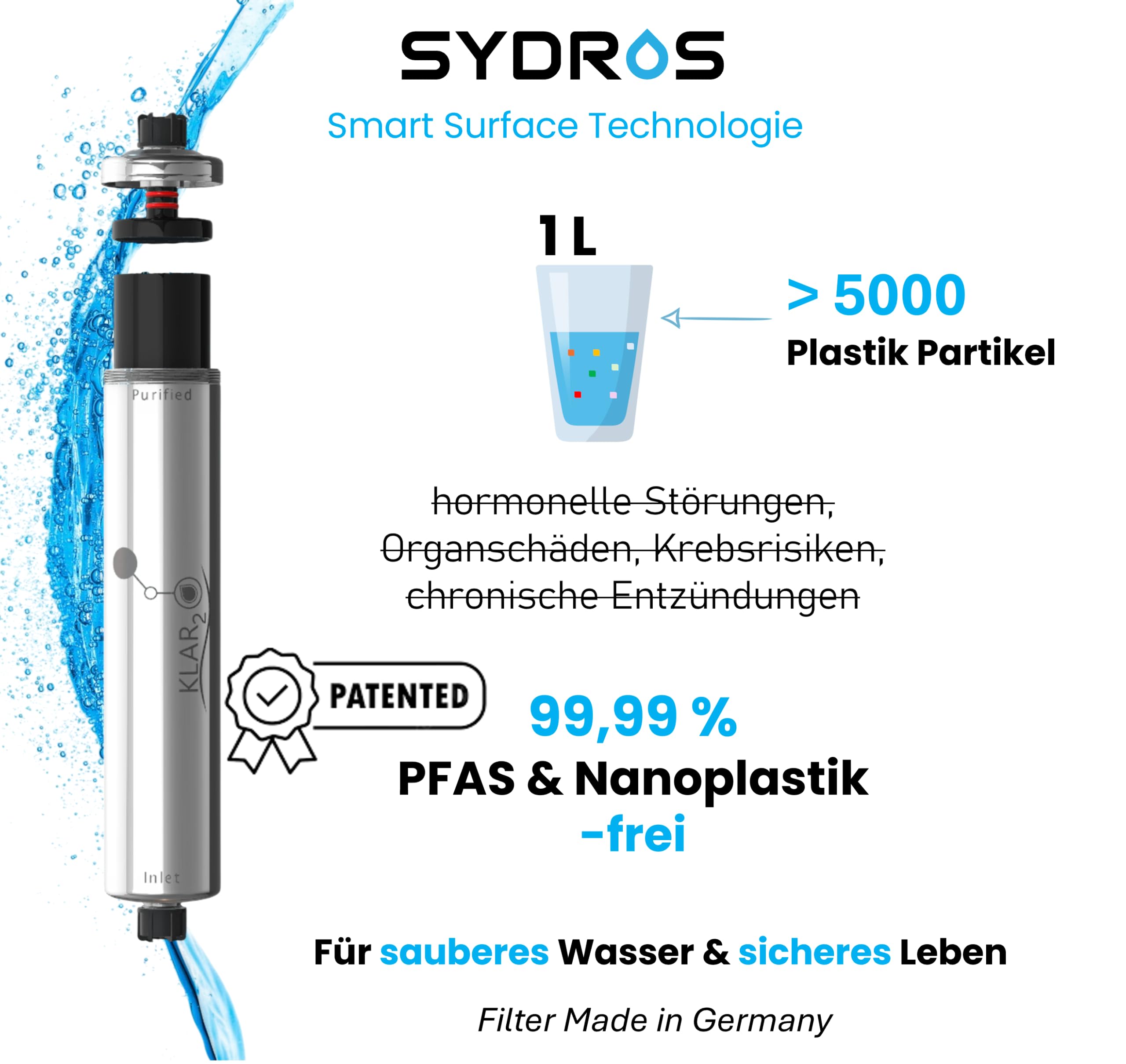 Klar2O Wasserfilter - filtert bis zu 99,99% Mikroplastik, Nanoplastik & PFAS dank patentierter Klar2O Technologie