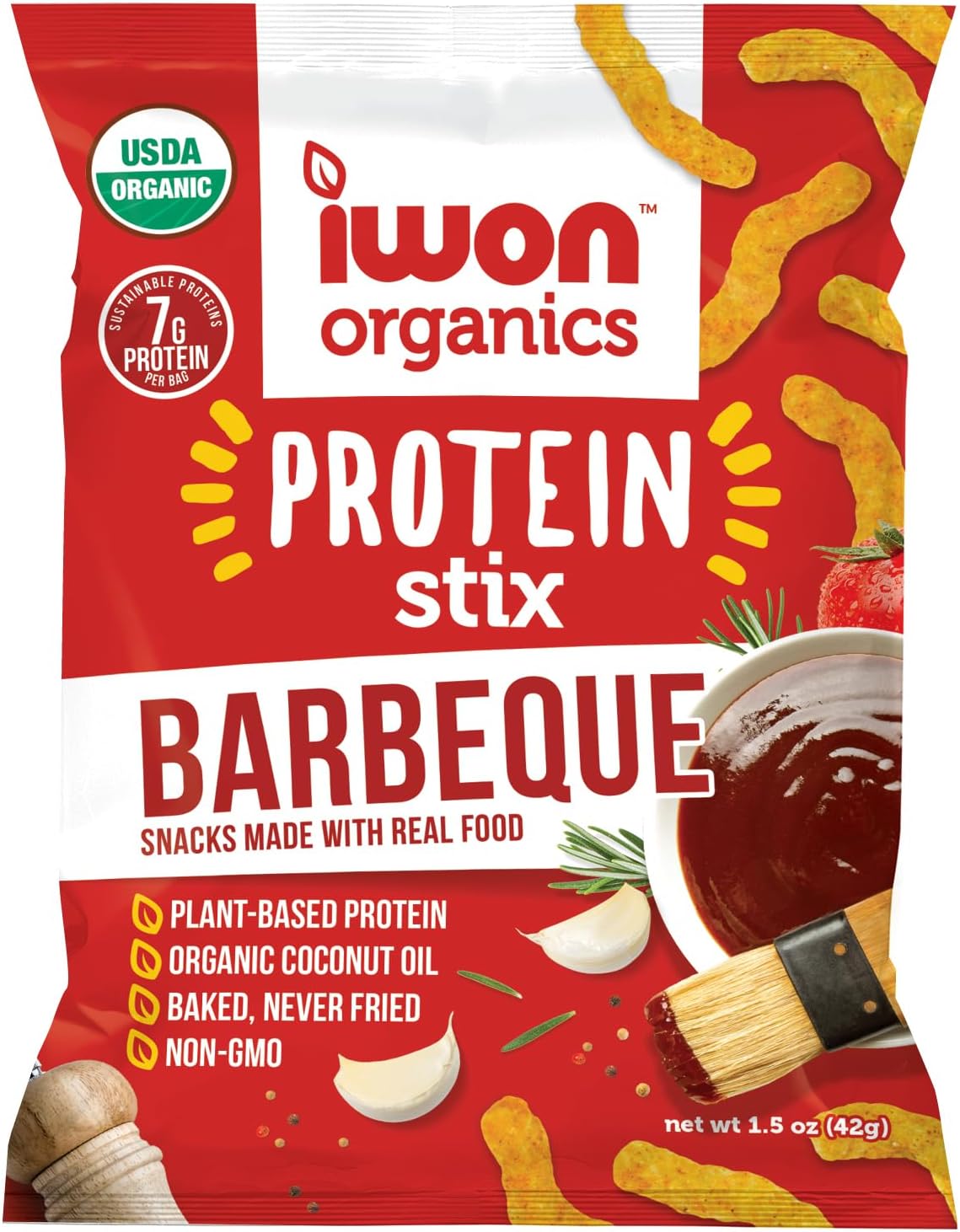 IWON Organics Mesquite BBQ Flavor Snack Stix, High Protein and Organic Healthy Snacks, 8 Bags, 1.5 Ounce