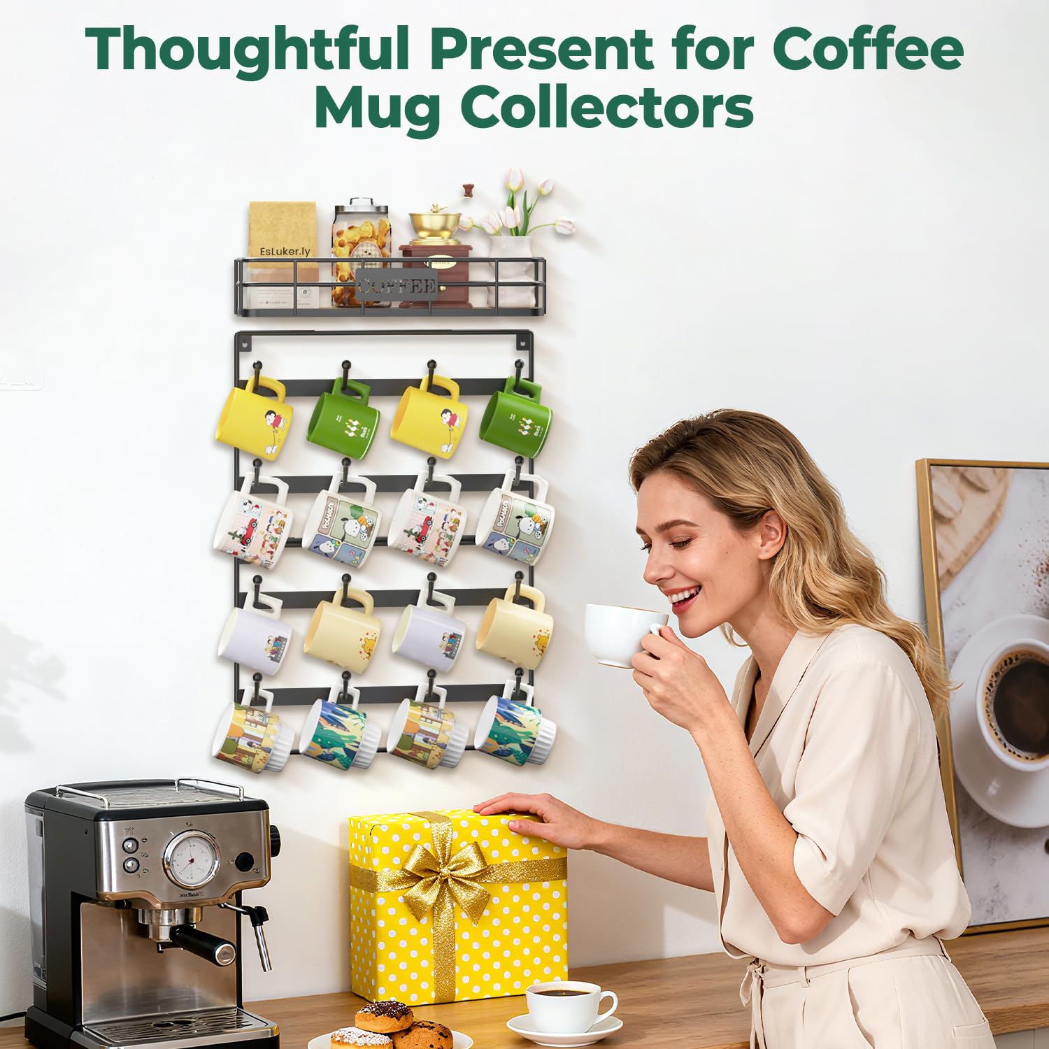 EsLucker.ly Tassenhalter Tassenständer Wand, Tassenregal Tassen Aufhanger Regal für die Wand, Kaffeetassen Regal, Tssenhalter Aufhängen, Platzsparendes Kaffeebar Zubehör, Ideal für Küchen