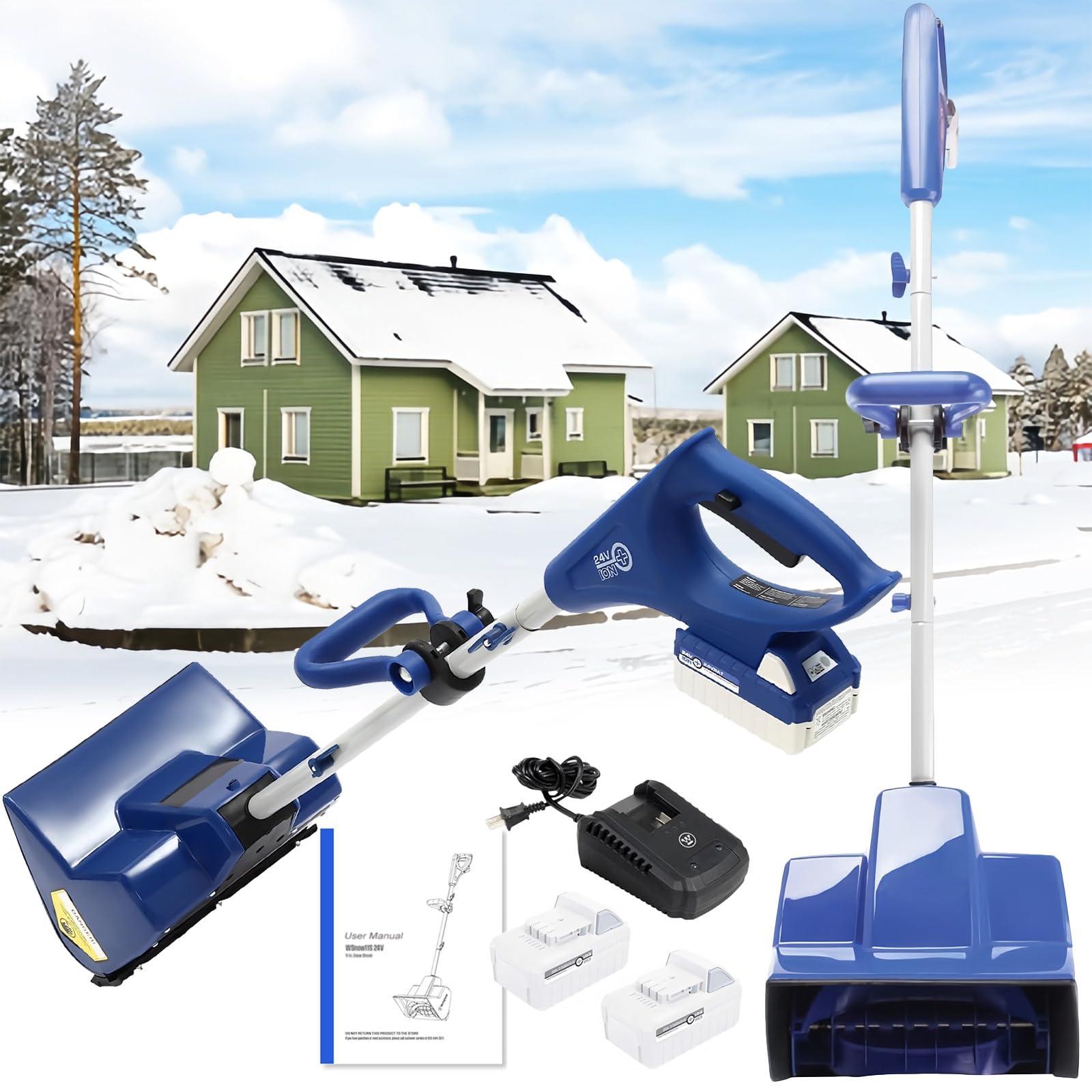 Spazzaneve elettrico senza fili, design portatile e leggero con manico regolabile, batteria ricaricabile da 24 V e caricabatterie rapido incluso, ideale per una facile rimozione della neve