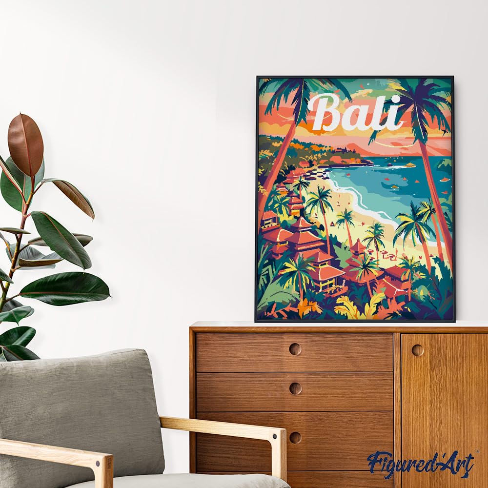 Figured'Art Peinture par Numéro Adulte avec Cadre Affiche de voyage Bali - Activité Manuelle Kit de Loisir Créatif DIY Numéro d'Art Complet - 40x50cm toile tendue sur châssis