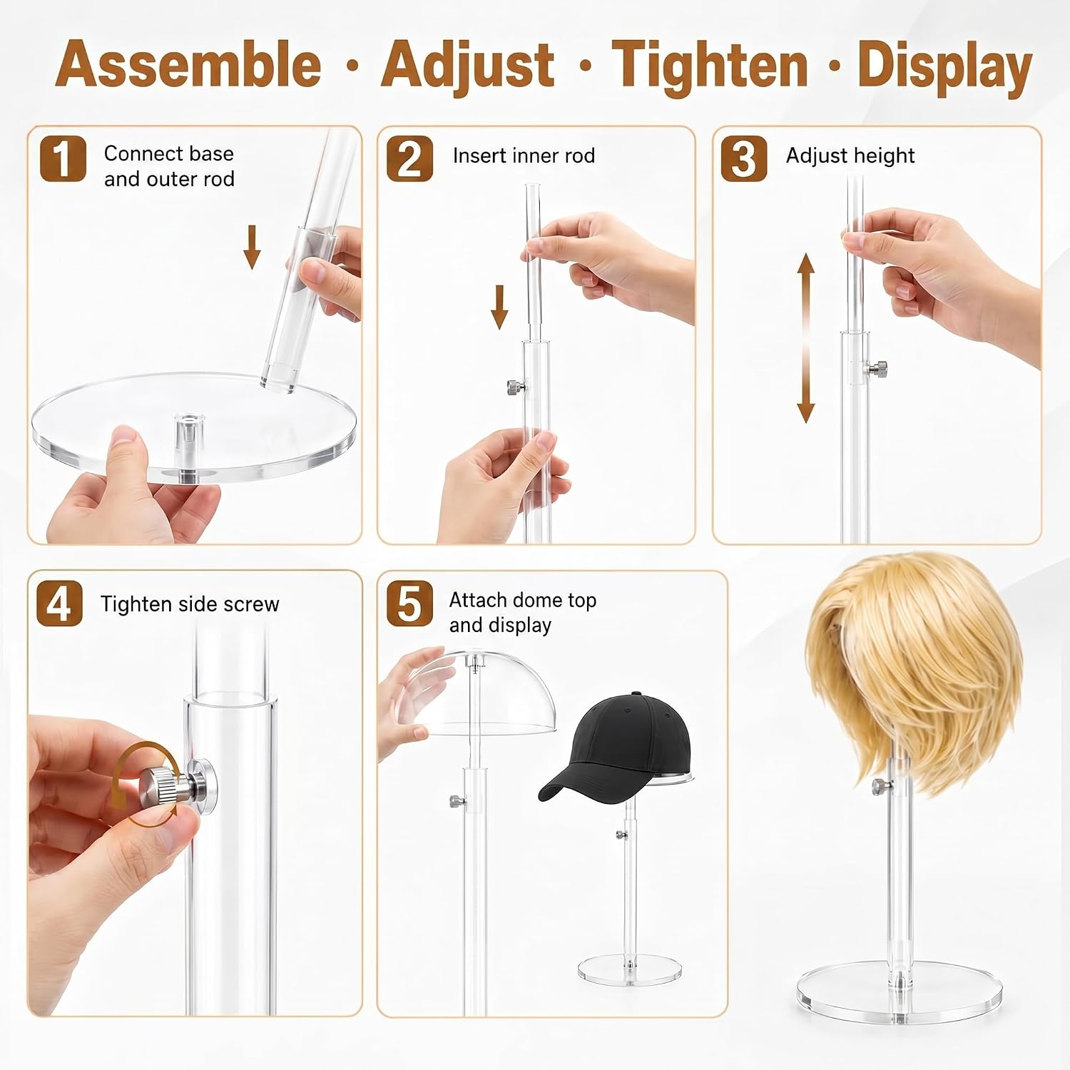 Acrylic Wig Stand & Hat Display Stand | Adjustable Dome Top Wig Head Holder | Thick, crack-resistant build; non-slip base won't tip; knob adjusts height 7.9 to 15.7 in; deep dome keeps hats in shape