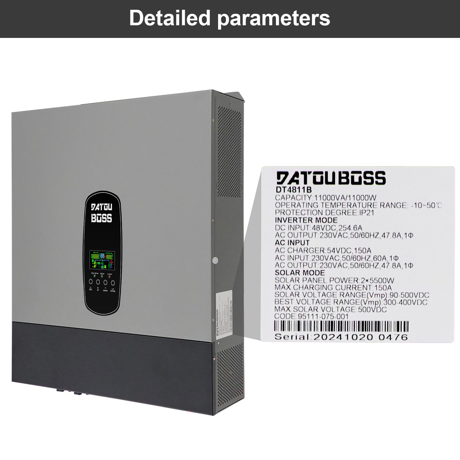 DATOUBOSS 11KW Inverter ibrido 48 V, inverter solare ibrido 48 V, 48 V DC a 230 V AC, supporta la connessione parallela e funzionamento senza batteria, 150 A MPPT,per batterie al piombo e acido al