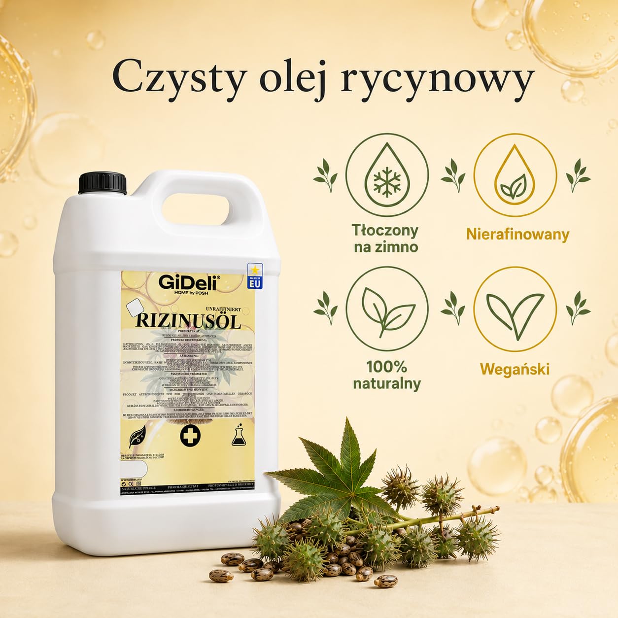 GiDeli Olej rycynowy tłoczony na zimno 2 x 5 l – czysty olej rycynowy w Ph. Eur. Jakość do włosów, rzęs i skóry – nierafinowany olejek pielęgnacyjny jako baza do kosmetyków naturalnych DIY – nie