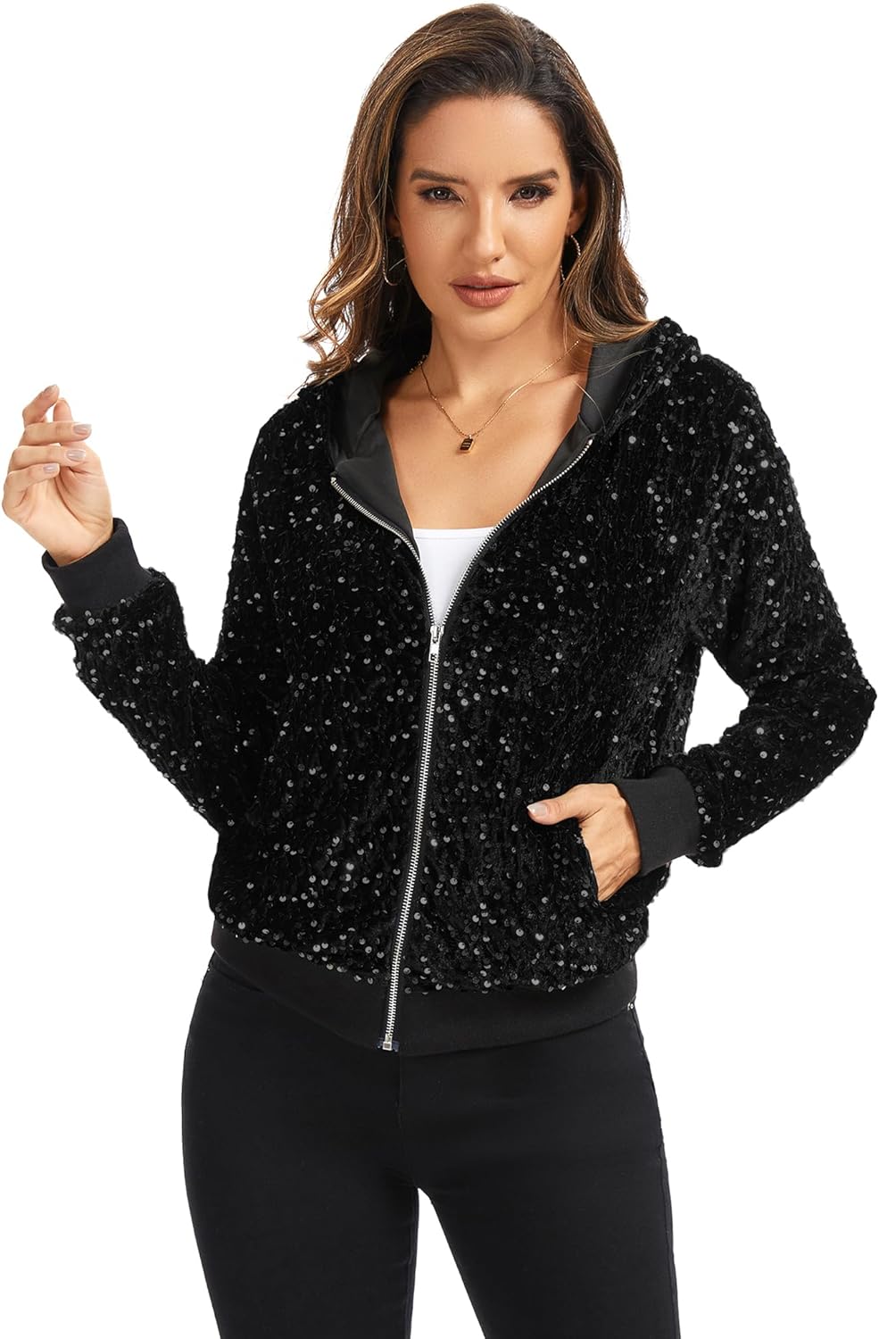 Anna-Kaci Women's Sparkly Hooded Sequin Jacket Zip Up Glitter Bomber Jacket Party Concert with Pockets - Image 2