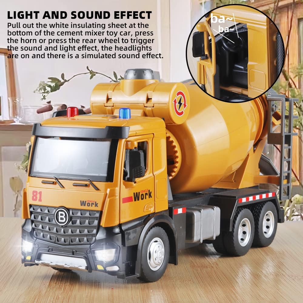 Metal Cement Mixer Truck Model with Simulated Sounds and Lights, Construction Truck Toy for Boys Ages 3 and Up