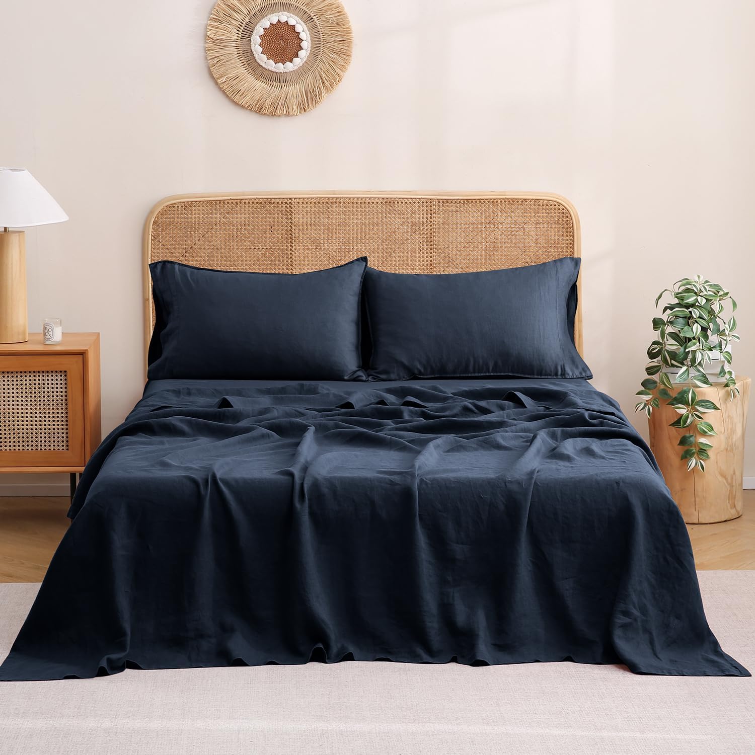 S VICTORY SYMBOL 100% Organic Linen Sheets Set,French Natural Flax Bedding Ultra Soft Luxurious Stone Washed 4 Pieces Bed Sheet Set(Navy,Queen)