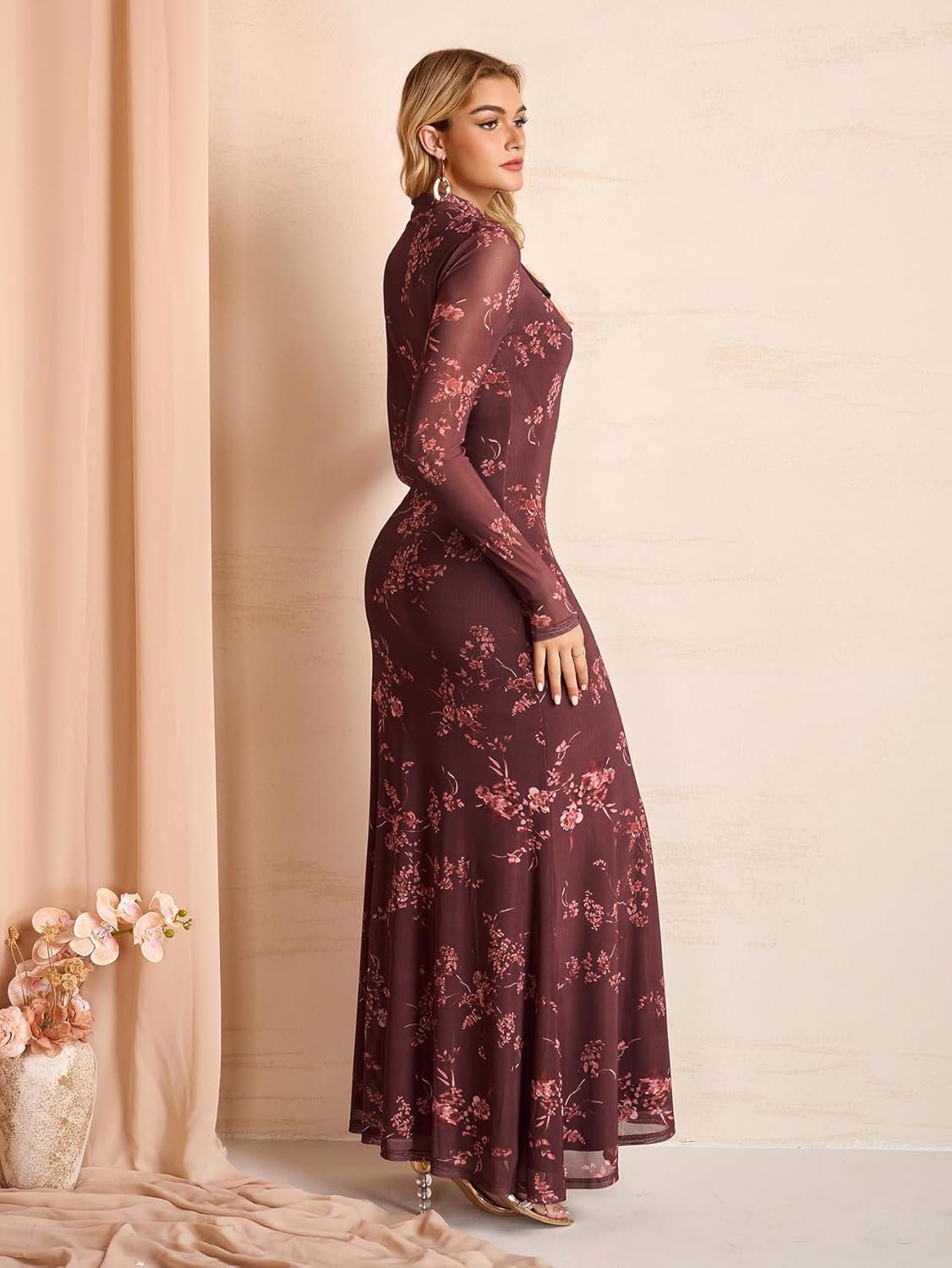 HTZMO Women Fall Long Sleeve Bow Tie Neck Formal Maxi Dresses A Line Flowy Wedding Guest Party Elegant Long Dresses - Image 2