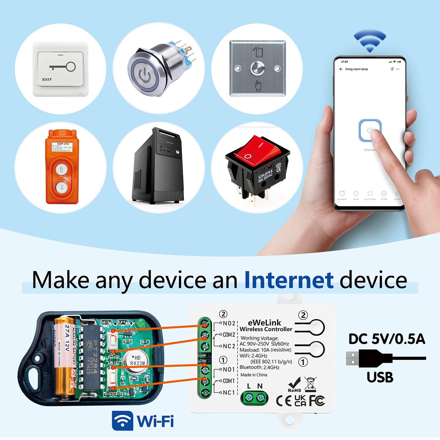 DieseRC Interrupteur Intelligent WIFI 2 canaux, AC 90V-250V 220V Sortie Passive Module Relais, Ewelink APP Contrôle WIFI compatible avec Alexa/Google Home, commutateur Inching/autobloquant