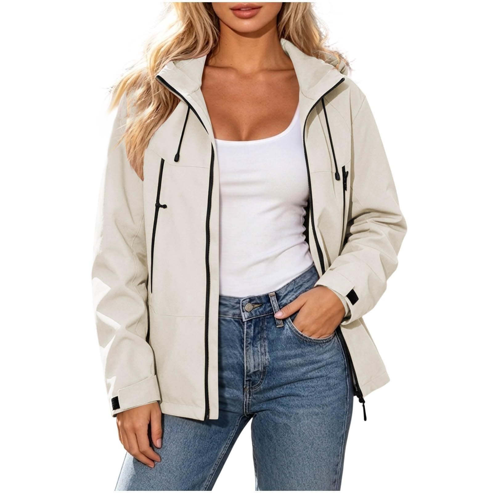 Generisch Chubasquero largo impermeable transpirable con capucha para mujer | Chaqueta de lluvia fina impermeable cortavientos chaqueta otoño chaqueta cremallera entretiempo gabardina bicicleta
