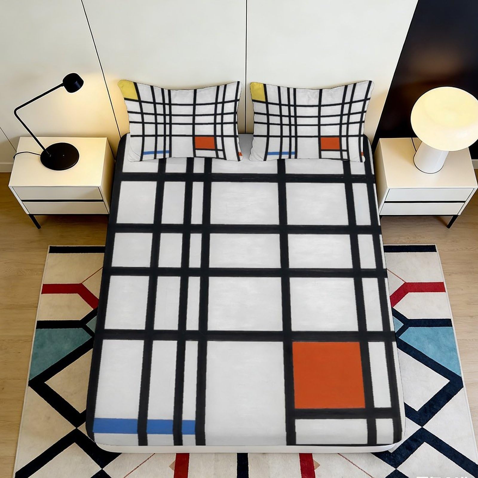 3D Printed Geometric Grid Fitted Sheet Microfiber Modern Mondrian Mattress Cover for Bedroom Dorm Easy Care Decor 90x200x25cm