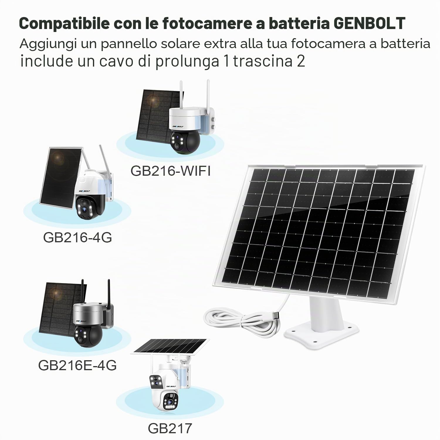 GENBOLT Pannello solare impermeabile, compatibile con batterie ricaricabili e telecamere di sorveglianza, 7 W/5 V, con cavo USB da 4 m, supporto alimentazione continua per telecamere