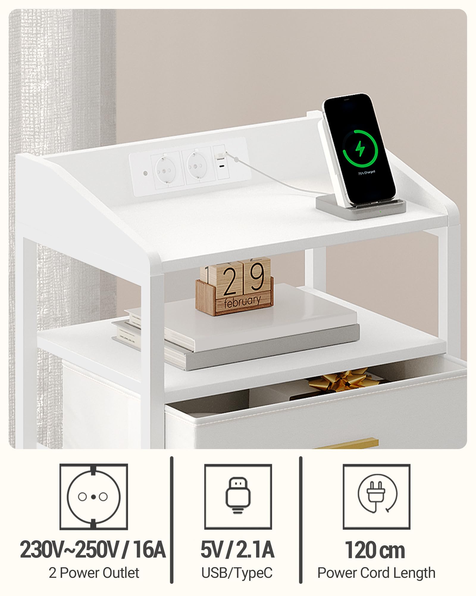 Hzuaneri Mesillas de Noche Juego de 2, con Luces LED y Estación de Carga, Mesa Auxiliar con 3 Cajones de Almacenamiento de Tela, Puertos USB y Enchufe Tipo C, para Dormitorio, Blanco NS35513W