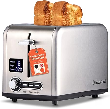 Peach Street 2 Slice Toaster Compact Bread Toaster with Digital Countdown, Wide Slots, Auto-Pop Stainless Steel, 6 Browning Levels, Removable Crumb Tray, with Defrost, Bagel, and Cancel Function