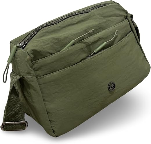 GLOSSY Women's Nylon Crossbody Sling Bag with 4 Zip Compartments, Adjustable Strap, Lightweight