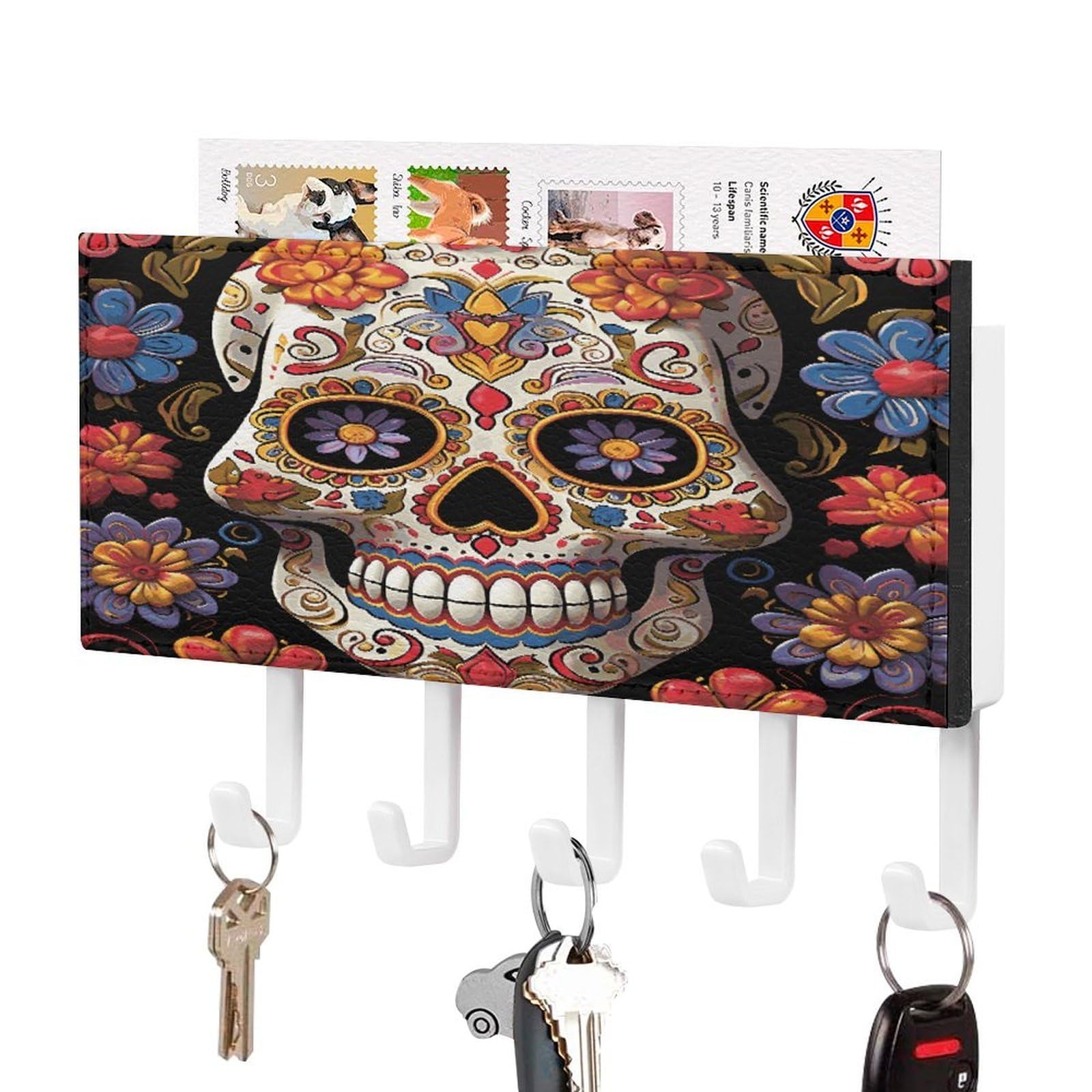 LDGSUPH Sugar Skulls Key Holder Wall Mount Key Hanger with 5 Hooks Fashion Key Organizer Rack Hanging Key Hooks with Mail Organizer Key Rack for Home Entryway Hallway White-Style
