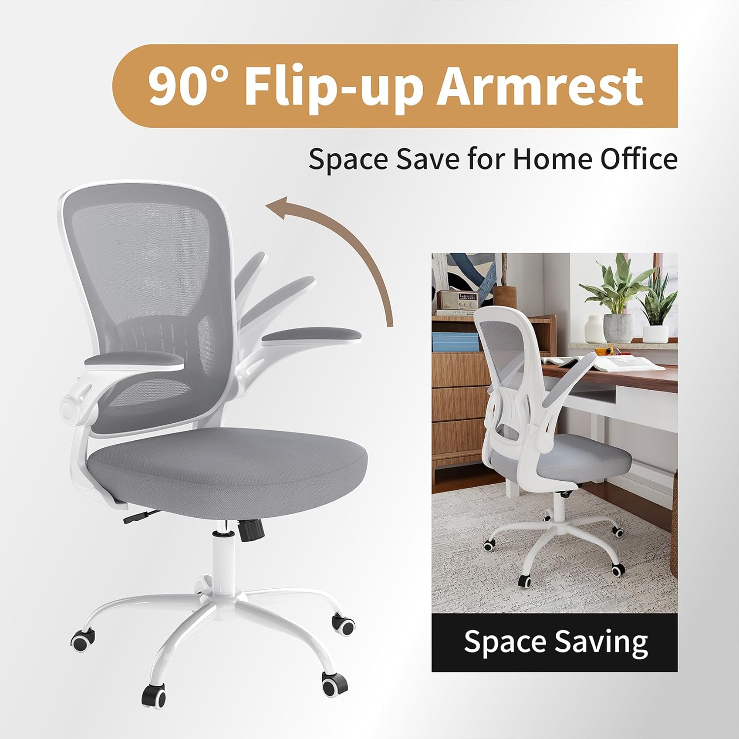 Youhauchair Mesh Office Chair, Ergonomic Home Office Desk Chairs with Flip-up Arms and Lumbar Support, Height Adjustable, Grey