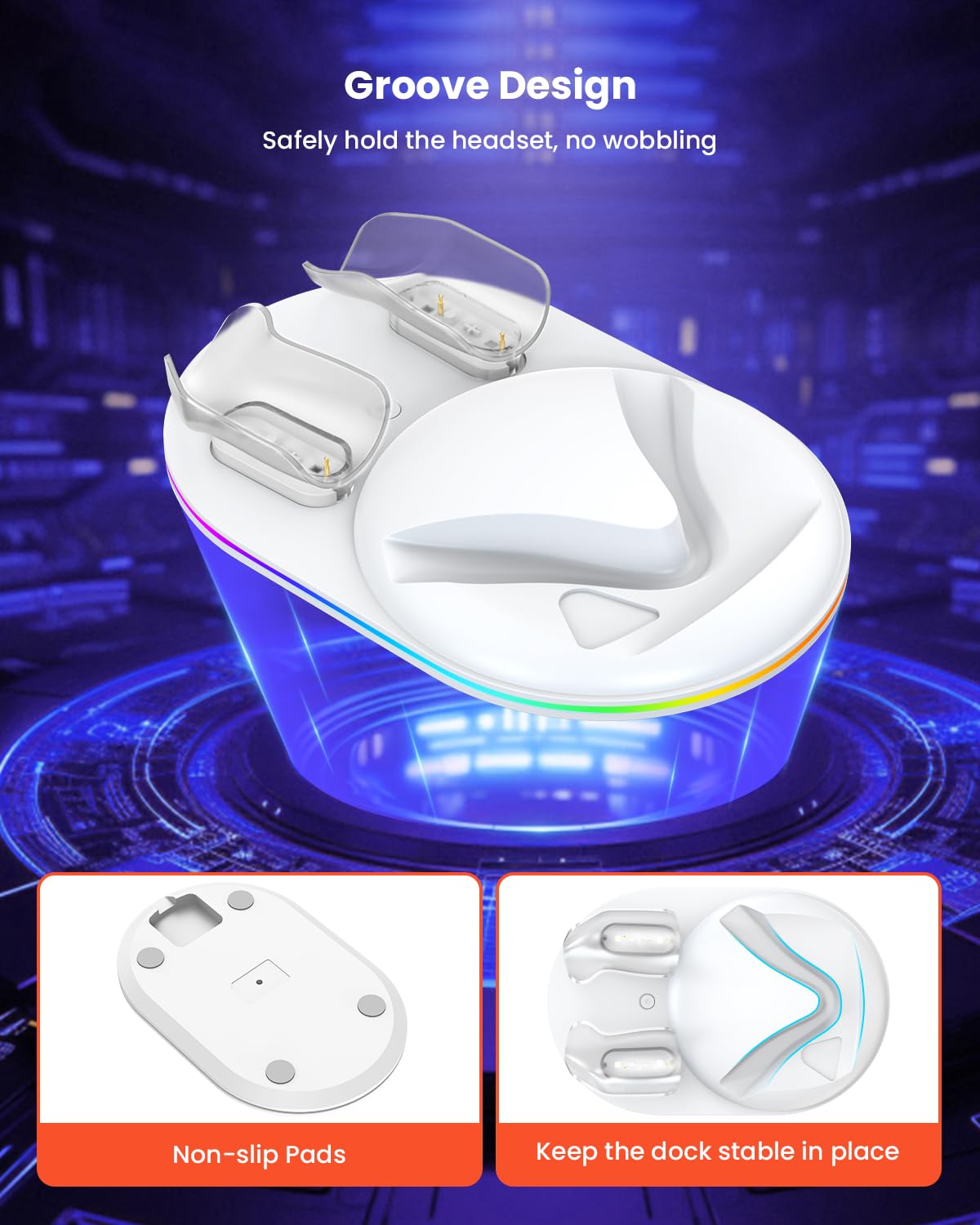 GEEKERA Base de Carga Compatible con Meta Quest 3S: Estación de Carga Magnética para Casco y Mandos, con Adaptador de 18 W, 2 Baterías Recargables y Luces RGB, Accesorios VR para Jugadores