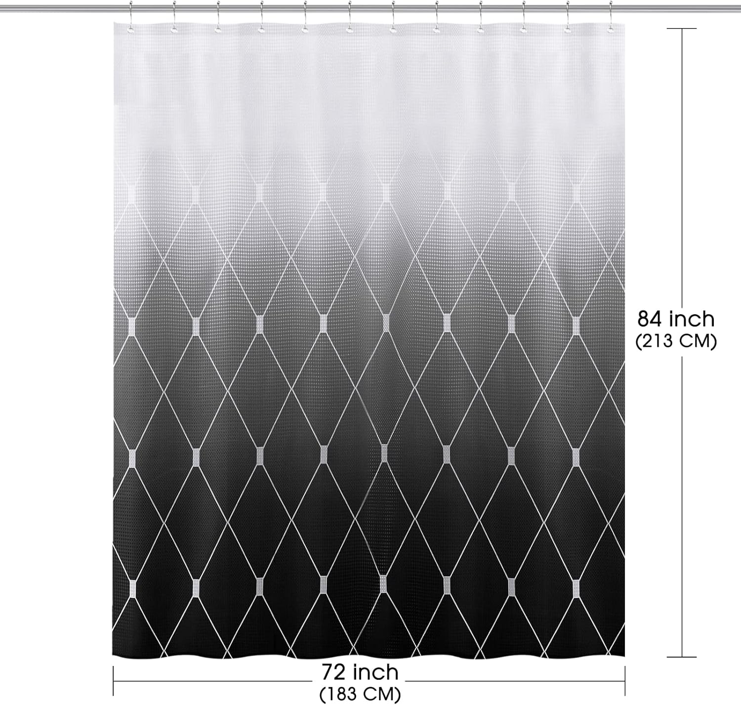 Extra Long Black Shower Curtain 84 Inch for Bathroom, Black and White Ombre and Geometric Waffle Textured Heavy Duty Cloth Shower Curtains, Large Hotel Spa Luxury Bath Curtain Set 72x84